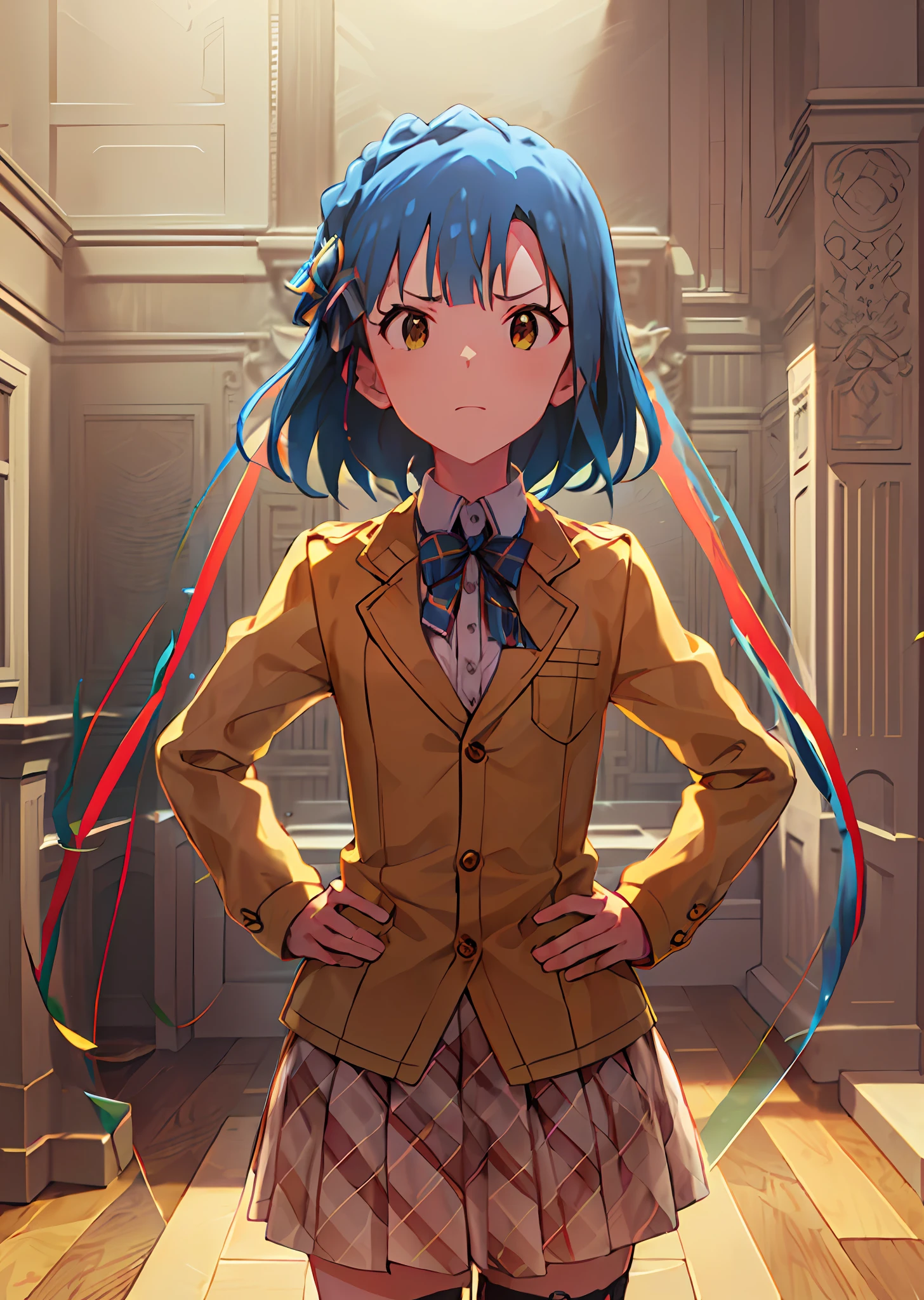yuriko nanao (million live). Short stature. white t-shirts. suspenders.Skirt.(((masterpiece))).(((best quality))).((Ultra-detailed))).(((illustratio))). (((Put your hands on your hips))).(((a room))).(((make a fist))).(((up chest))).Despair face.short-hair.Medium chest.