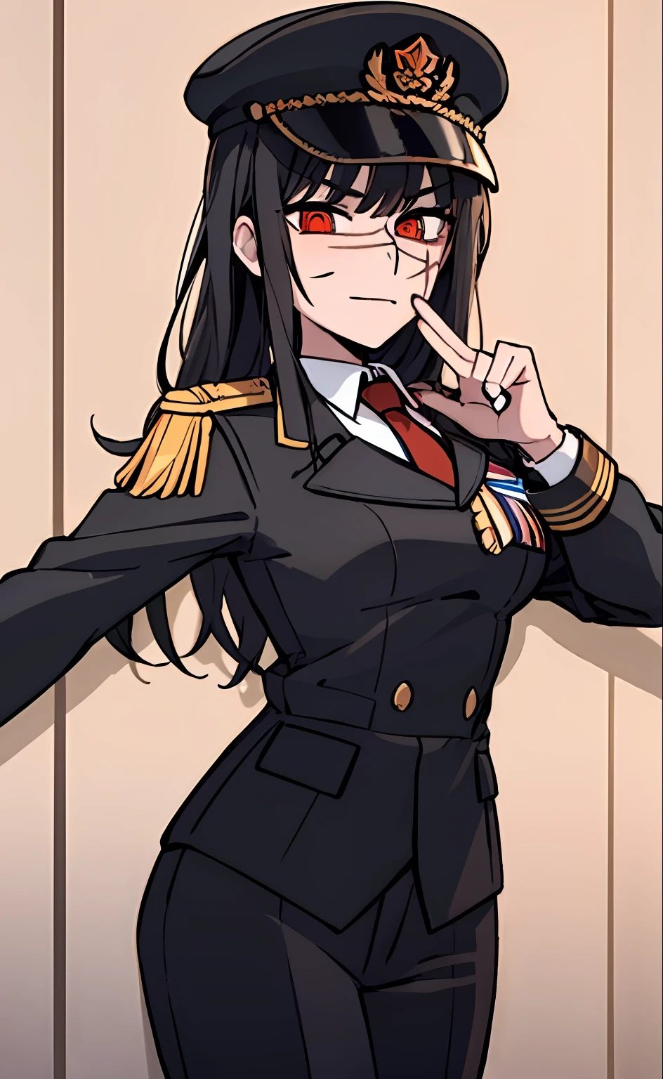 (masterpiece, best quality: 1.2), Solo, 1girl, Yoru \(Chainsaw Man\), looking at the viewer, different poses, red eye, long hair, completely black hair, reference to clothing of a German WWII general, black long sleeves (best quality), scar on face, beautiful eyes, has only 2 arms, has war medals on his clothes, Black Military Cap, Golden Eagle Medal on Clothing,  (Wallpaper), (8K HD), (8K HD), Golden Shoulder Pads, Sprites, 1 Single Design (masterpiece, best quality: 1.2), Solo, 1girl, Yoru \(Chainsaw Man\), looking at the viewer, smile, happy, different poses, red eye, long hair, completely black hair, reference to clothing of a German WWII general, black long sleeves (best quality), scar on face,  beautiful eyes, has only 2 arms, has war medals on his clothes, black military cap, golden eagle medal on clothing, (wallpaper), (8K HD), (8K HD), (8K HD), golden shoulder pads, sprites, 1 single design