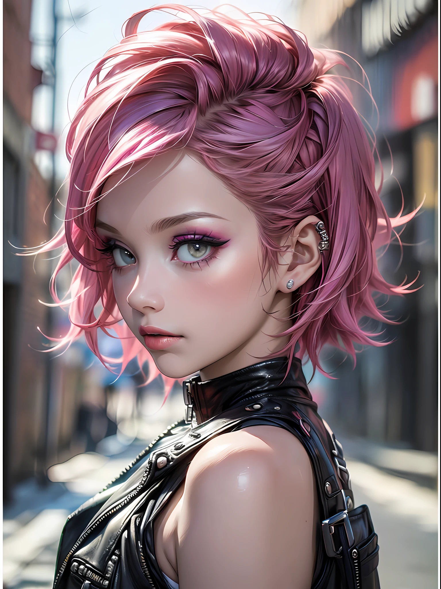 (top-quality、8K、32K、masterpiece、nffsw:1.3)、(Photorealsitic:1.4),18-year-old punk girl,Wacky punk hair,Radical punk fashion,Tank Tops、Leather Vest、A pink-haired,Wacky makeup、Street background、lensflare、depth of fields,blurry backround,,,,,,,,,,,,