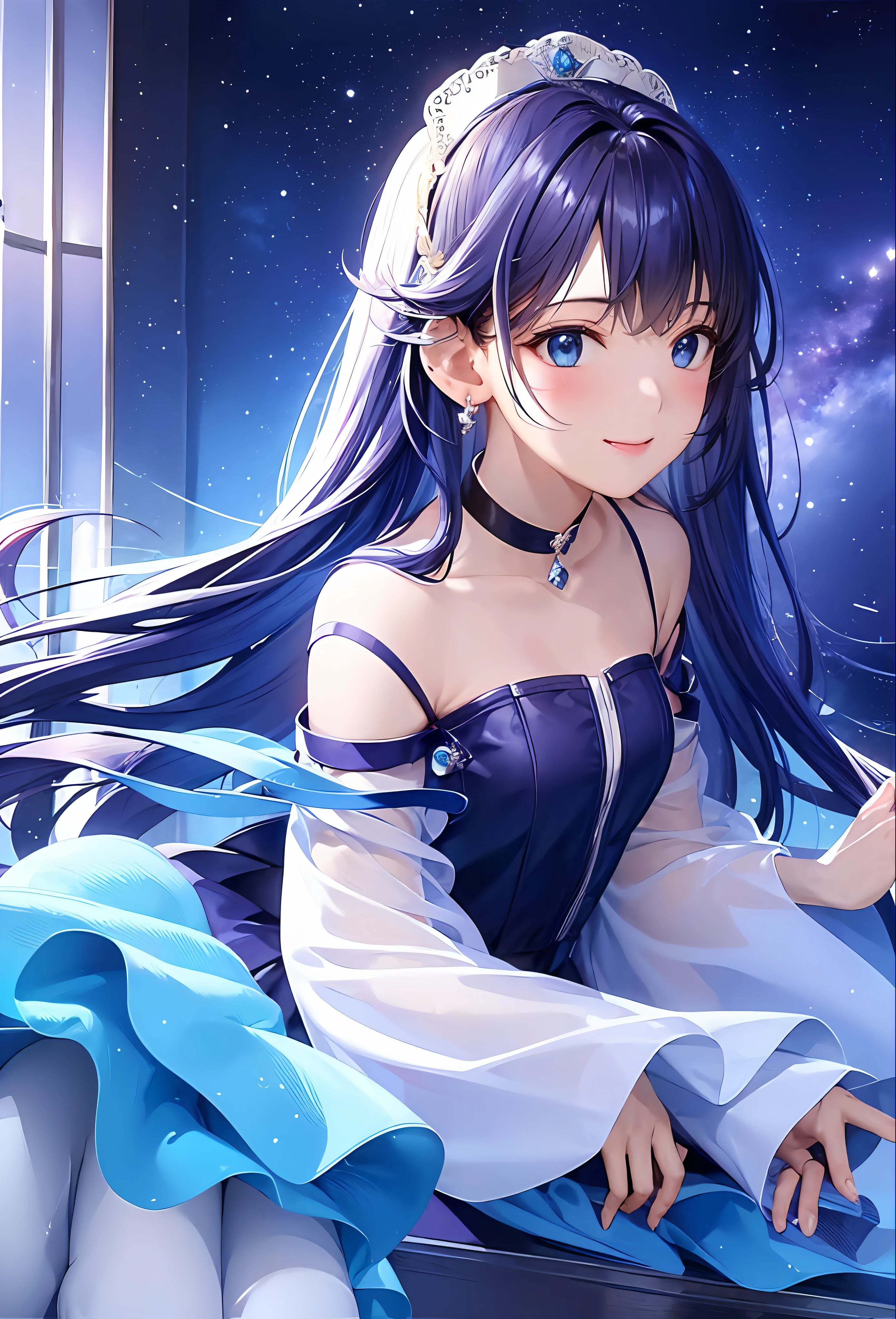 (8K、top-quality、masterpiece:1.2)、(realisitic、Photorealsitic:1.37)、ultra-detailliert、 1 人、cute little、独奏、mid night、Beautiful detailed sky、Detailed Cafe、sitting on、date、(Nasal blush)、 (Smile:1.15)、(Keep your mouth shut)small tits、Beautiful fine eyes、Floating Hair NovaFrogStyle、Dress with open back、Blue roses on background