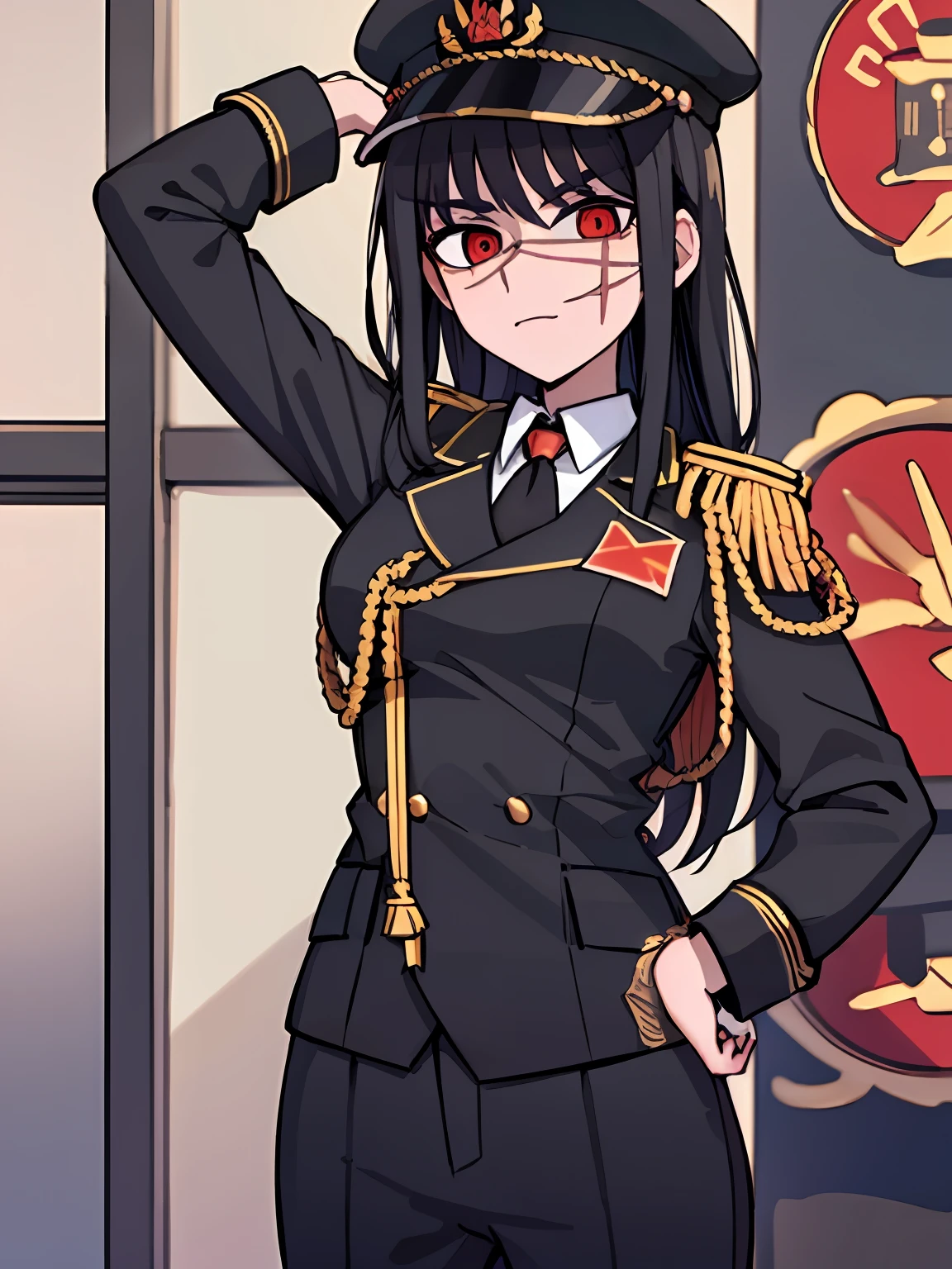 (masterpiece, best quality: 1.2), Solo, 1girl, Yoru \(Chainsaw Man\), looking at the viewer, different poses, red eye, long hair, completely black hair, reference to clothing of a German WWII general, black long sleeves (best quality), scar on face, beautiful eyes, has only 2 arms, has war medals on his clothes,  Black Military Cap, Golden Eagle Medal on Clothing, (Wallpaper), (8K HD), (8K HD), Golden Shoulder Pads, Sprites, 1 Single Design (obra maestra, mejor calidad: 1.2), Solo, 1girl, Yoru \(Chainsaw Man\), mirando al espectador, sonrisa, feliz, diferentes poses, cuerpocompleto, cuerpo dentro de la vision de la foto, ojos rojos, cabello largo, cabello completamente negro, reference to clothing of a German general from World War II, mangas largas negras (mejor calidad), cicatriz en la cara, hermosos ojos, tiene solo 2 brazos, tiene medallas de guerra en su ropa, Gorra militar negra, Golden Eagle Medal in Dress, (fondo de pantalla), (8K HD), (8K HD), hombreras doradas, sprites, 1 single design