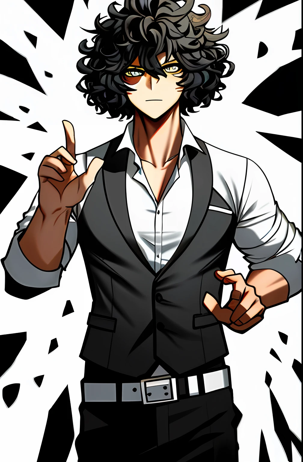 homem loiro, musculoso, curly hair, olhos castanhos claros,
camisa branca, Black background with white particles.