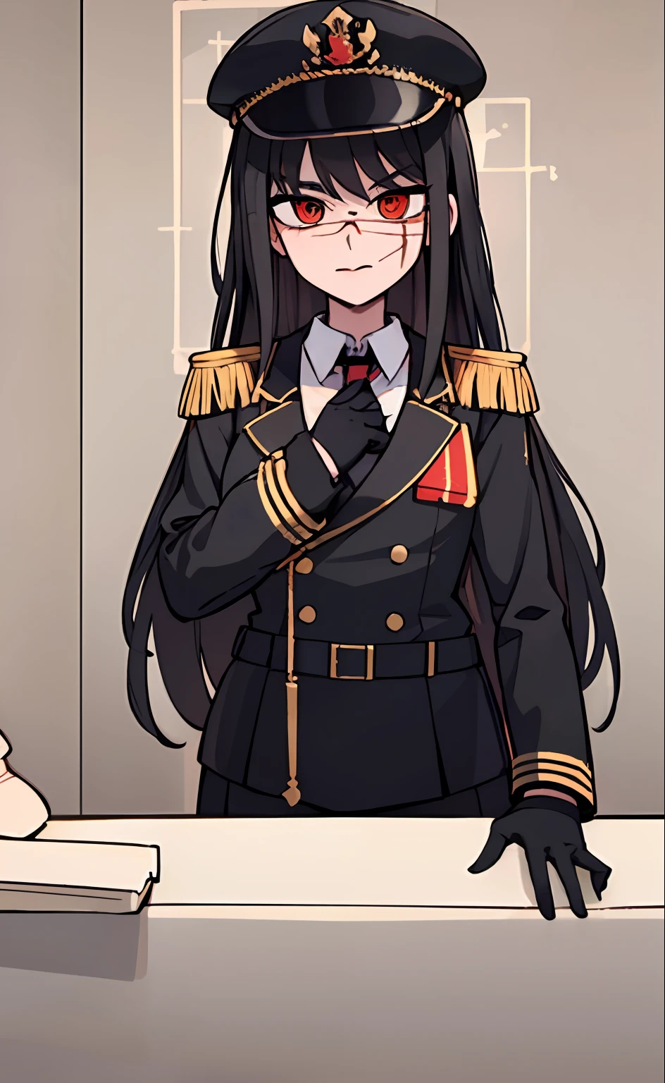 (masterpiece, best quality: 1.2), Solo, 1girl, Yoru \(Chainsaw Man\), looking at the viewer, different poses, red eye, long hair, completely black hair, reference to clothing of a German WWII general, black long sleeves (best quality), scar on face, beautiful eyes, has only 2 arms, has war medals on his clothes, Black Military Cap, Golden Eagle Medal on Clothing, (Wallpaper), (8K HD), (8K HD), Golden Shoulder Pads, Sprites, 1 Single Design (masterpiece, best quality: 1.2), Solo, 1girl, Yoru \(Chainsaw Man\), looking at the viewer, smile, happy, different poses, red eye, long hair, completely black hair, reference to clothing of a German WWII general, black long sleeves (best quality), scar on face, beautiful eyes, has only 2 arms, has war medals on his clothes, black military cap, golden eagle medal on clothing, (wallpaper), (8K HD), (8K HD), (8K HD), golden shoulder pads, sprites, 1 single design