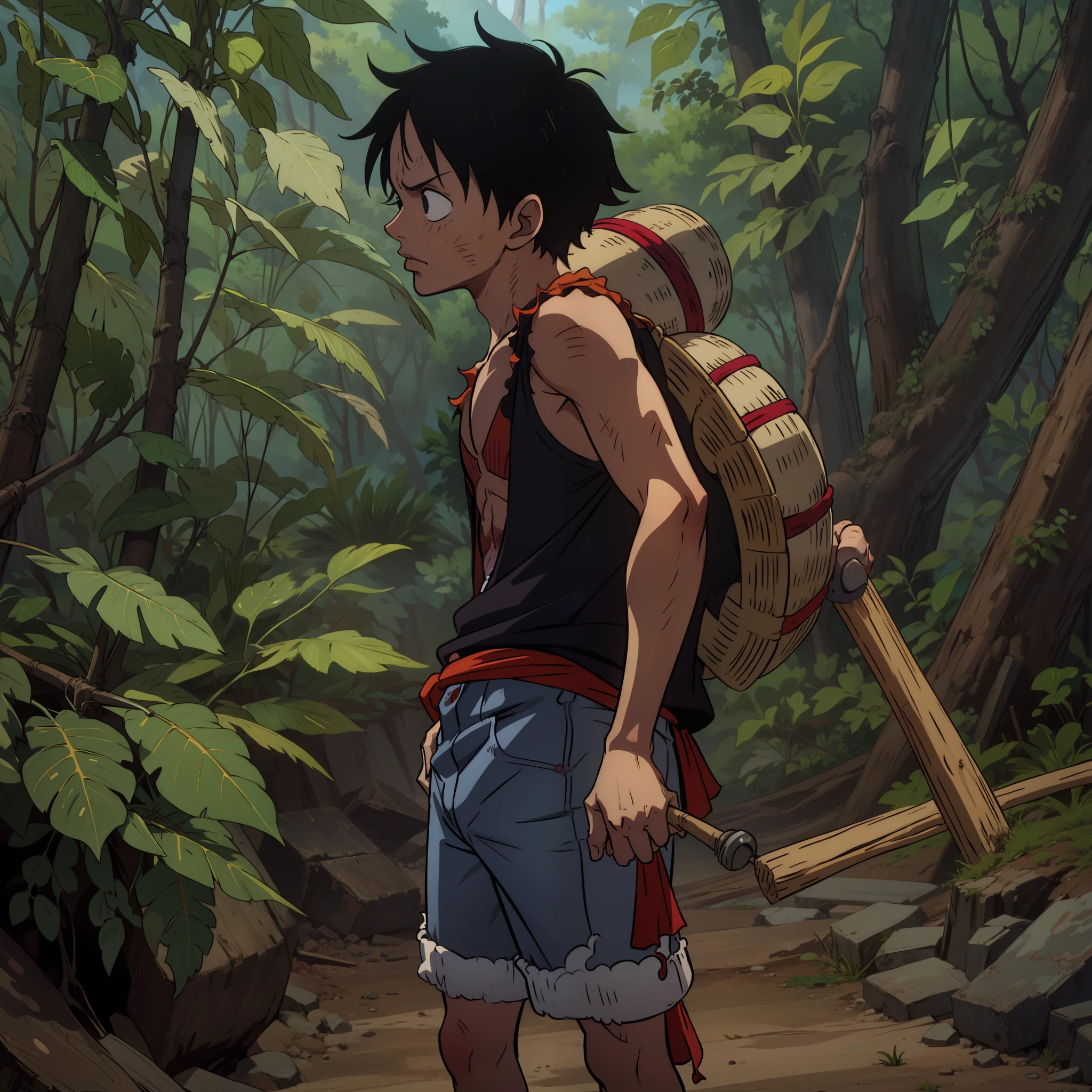 luffy, chapeu de palha, fita vermelha no chapeu, andando na floresta, stick in hand
