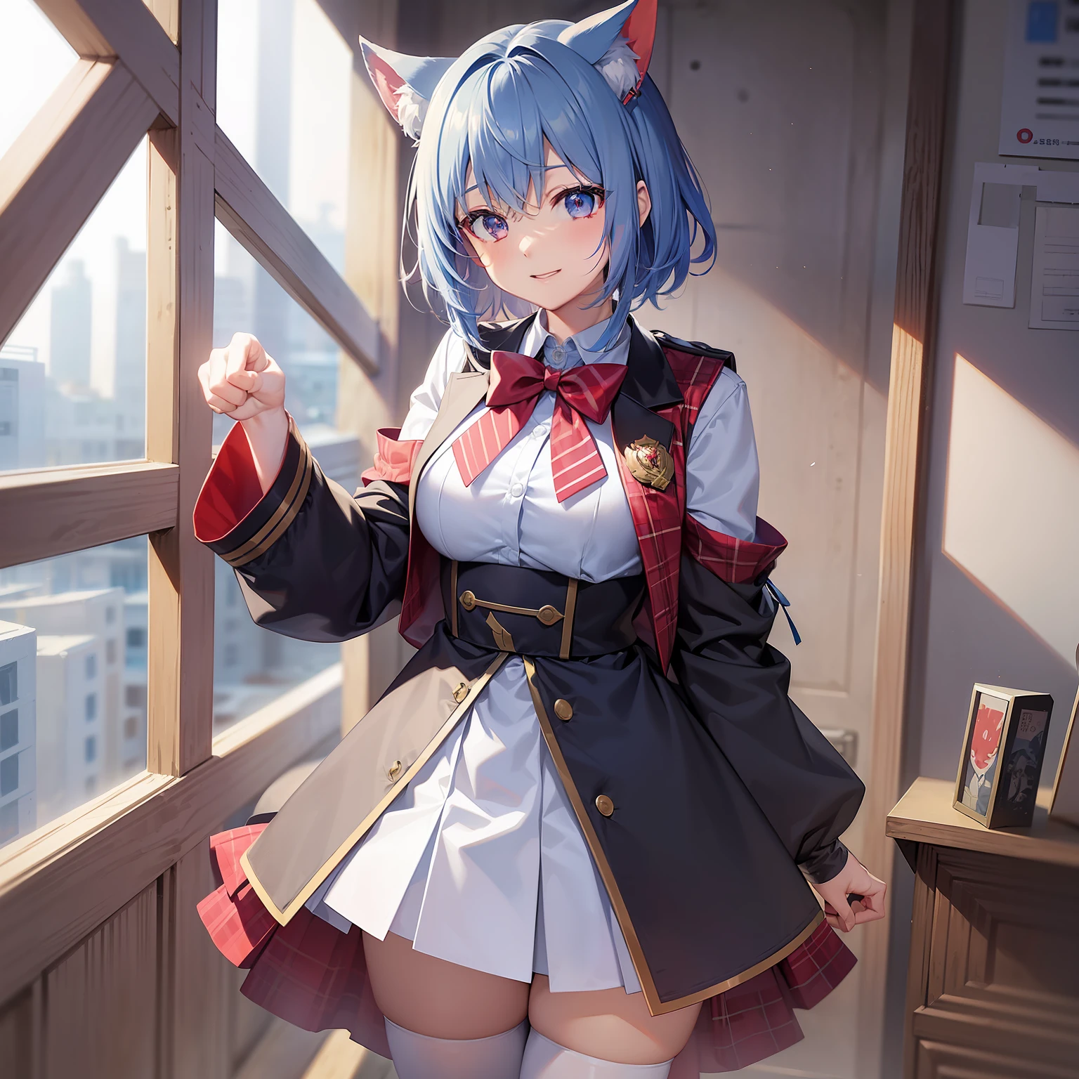 Aoi_Fukayuki、(Character Sheet:1.4),(Concept art:1.4)、anime styled、full body Esbian、blue hairs、shorth hair、A smile、red tide、blue eyess、blazers、、(white plain shirt)、(red bowtie)、(Red checked skirt)、（Black stockings）、Absolute area、White cat ears、hightquality、best qualtiy、emphasizing thighs、to stand、PAW Pose、