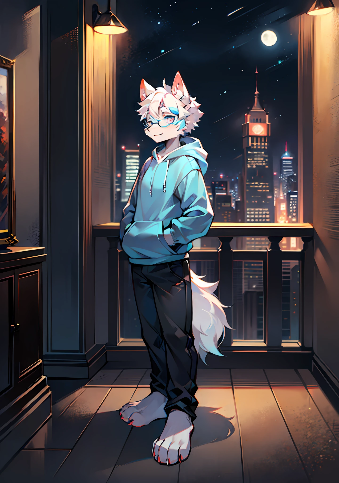 High Picture Quality,Modern age city,Penthouse of the building,potted,Night moon background,Single player,Wolf animal human form,No spot,male figure,Full body standing painting,short detailed hair,Dark gray fur,Square frame rounded glasses,Wolf ears,Light gray ear roots,Light red ear tips,Deep blue pupils,Hairy wolf tail,White tail tip,White forearm,Hands naturally droop,The limbs are wolf paws,4 white fingers,4 white toes,Look to the left,Height 1.92 meters,Sky blue hoodie,black long pants,stand posture。