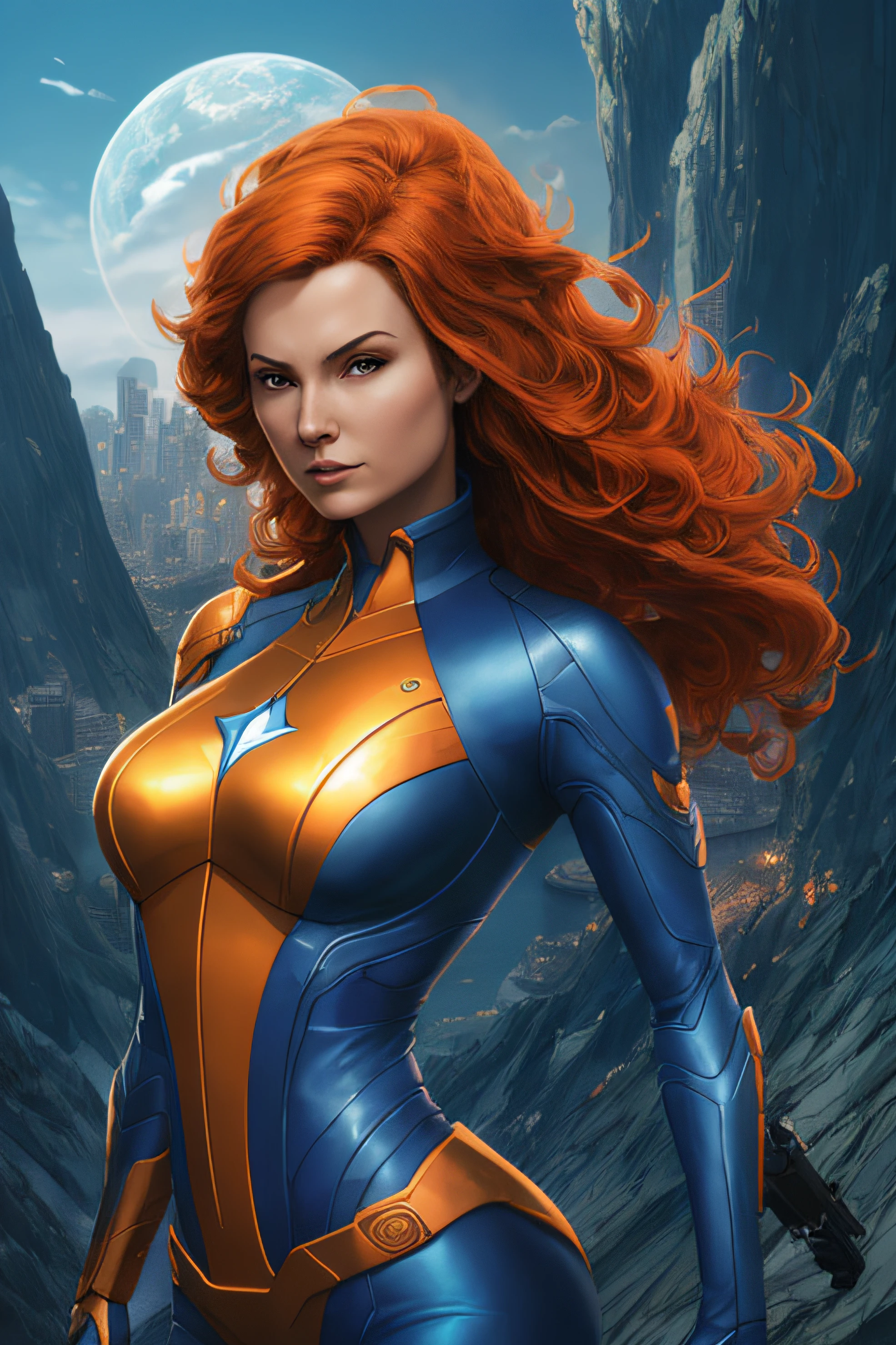 Arafed Mujer con un traje azul y naranja sosteniendo una pistola, Artgerm Julie Bell Beeple, Retrato de cuerpo entero de Jean Grey, Chris Moore. Artgerm, inspirado por Daphne Allen, sci-fi female, Barclay Shaw 8K fotorrealista, Artgerm y Lois van Baarle, Moebius + Artgerm, Fuego estelar