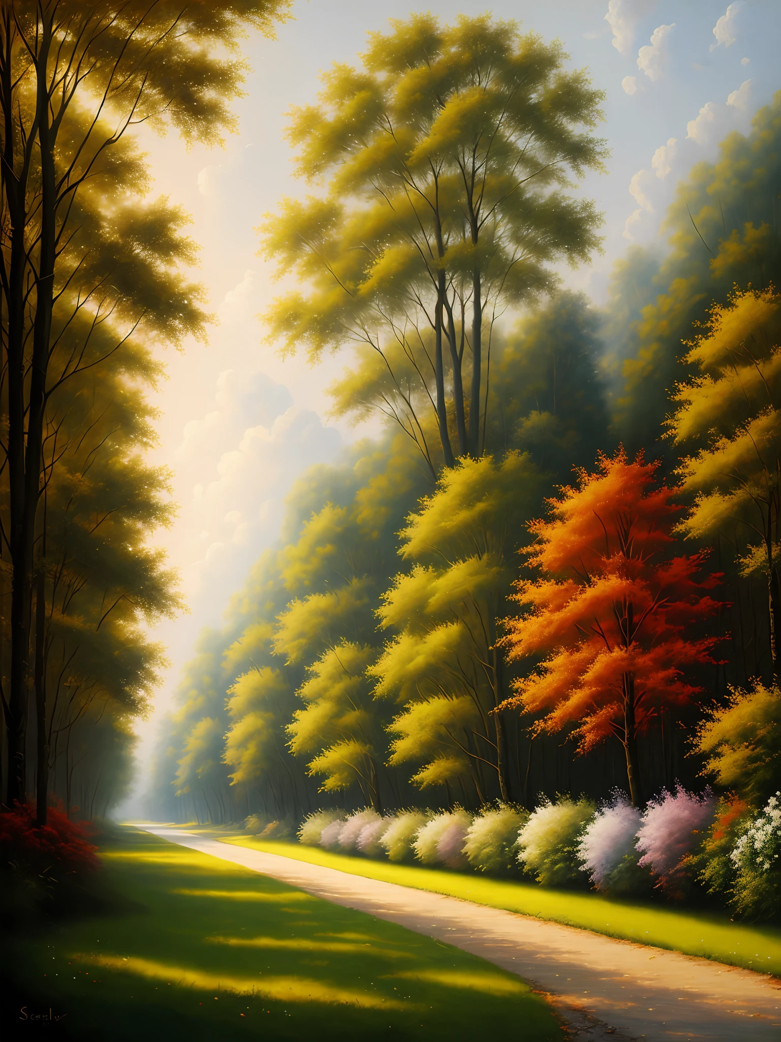 scenecy，ln the forest，Eau，Lawn flowers，bailu，Standard long banner，most beautiful artwork in the world，Professional majestic oil painting，iintricate，high detal，sharp fokus，dramatics，Realistic painting art