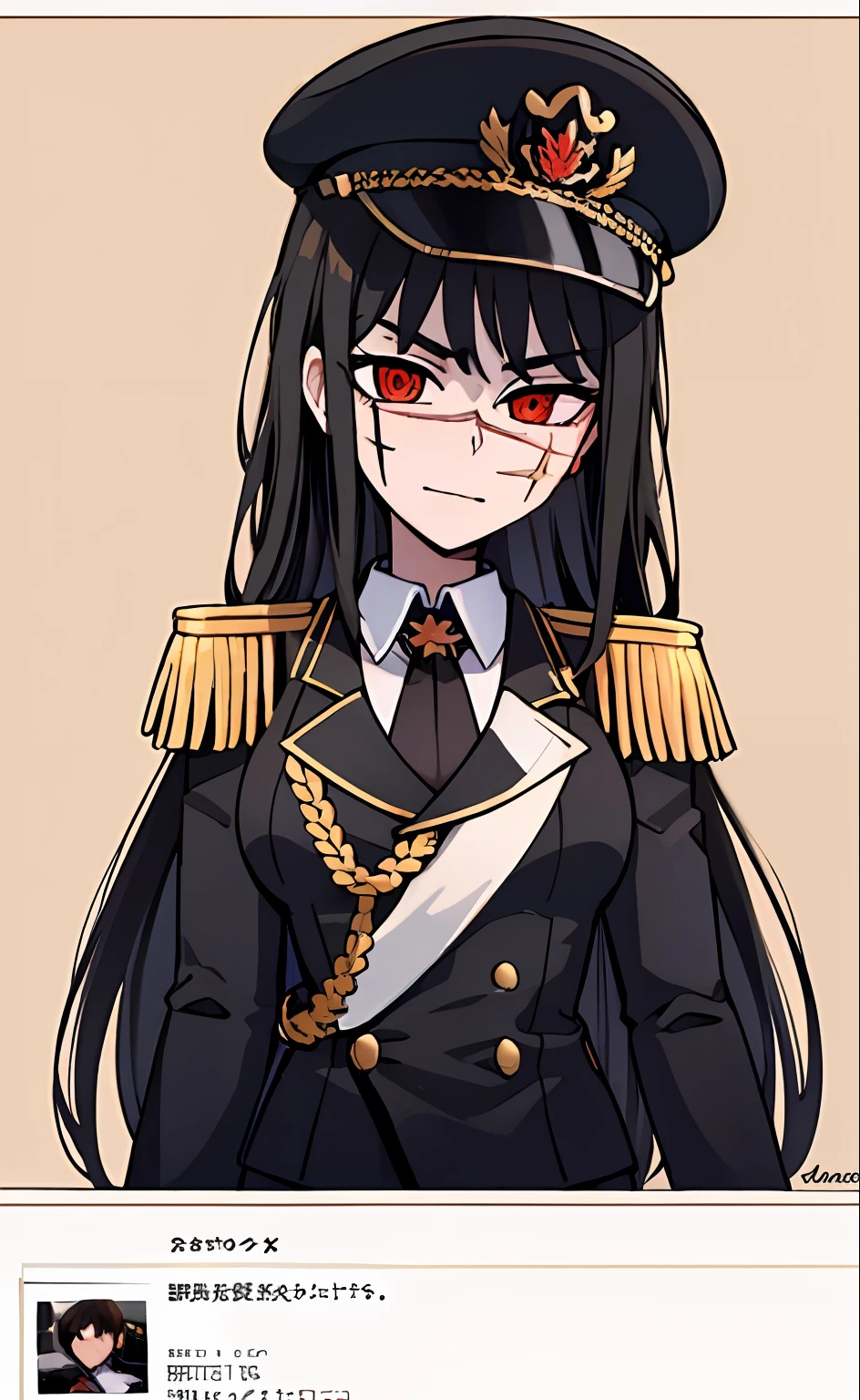 (masterpiece, best quality: 1.2), Solo, 1girl, Yoru \(Chainsaw Man\), looking at the viewer, different poses, red eye, long hair, completely black hair, reference to clothing of a German WWII general, black long sleeves (best quality), scar on face, beautiful eyes, has only 2 arms, has war medals on his clothes, Black Military Cap, Golden Eagle Medal on Clothing, (Wallpaper), (8K HD), (8K HD), Golden Shoulder Pads, Sprites, 1 Single Design (masterpiece, best quality: 1.2), Solo, 1girl, Yoru \(Chainsaw Man\), looking at the viewer, smile, happy, different poses, red eye, long hair, completely black hair, reference to clothing of a German WWII general, black long sleeves (best quality), scar on face, beautiful eyes, has only 2 arms, has war medals on his clothes, black military cap, golden eagle medal on clothing, (wallpaper), (8K HD), (8K HD), (8K HD), golden shoulder pads, sprites, 1 single design