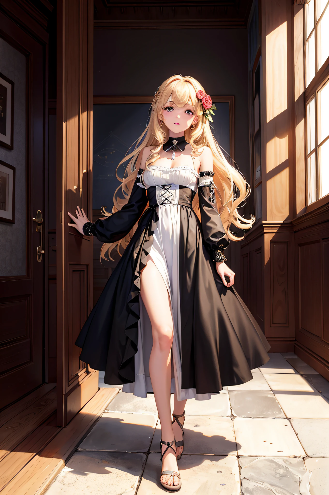 ((masterpiece)), (top-quality), (detaileds),4K resolution. 1girl in,foco nítido、a blond,Princess Cut,odd eye,Older sister,diet,long,Red Rosa,tiarra,Black Dress,curlyhair,small tit,small tits,Cool,Rose Dress,embroideries,oriental,A sexy,Sareme,milkyway、small nose,narrow nose and small nose,,,,,,,,,,,,,,,,,,,,High small nose,small nostrils,see -through,Full body like,oblique,1girl in,Golden hair color,Light hair color,Beige hair color,Rosa,Red Rose,Rosa,Red Rose,Rose Dress,weddingdress,Arm Cover