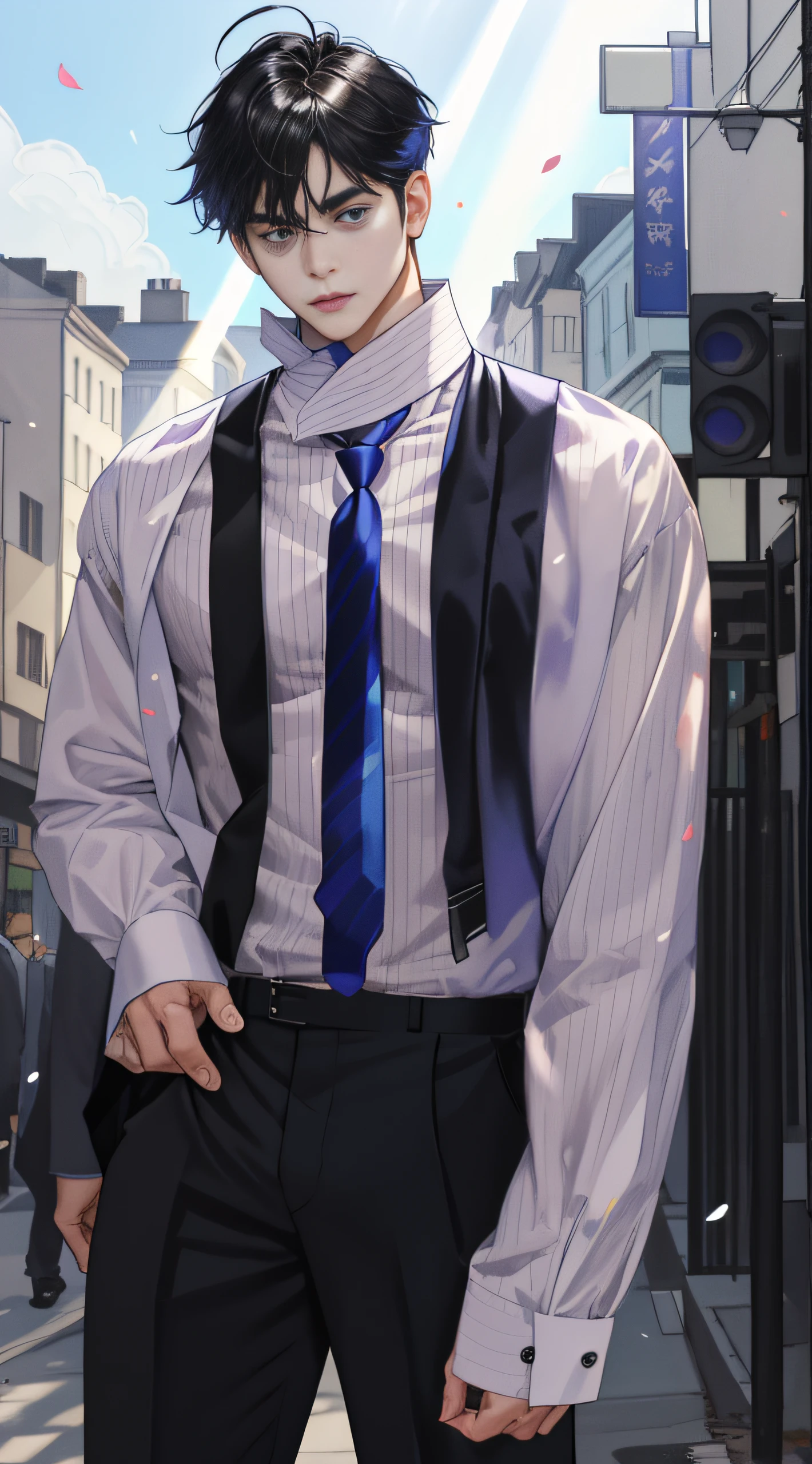 1boy, black_hair,violet eyes,ahoge,big and detailed eyes, face, ((solo)), male_focus, portrait, ((solo)), (masterpiece),striped necktie,pants,closed_mouth,collared_shirt,long_sleeves,looking_at_another,male_focus,shirt,(((solo))),outdoors,plants,buildings,blue sky,petals,god rays..