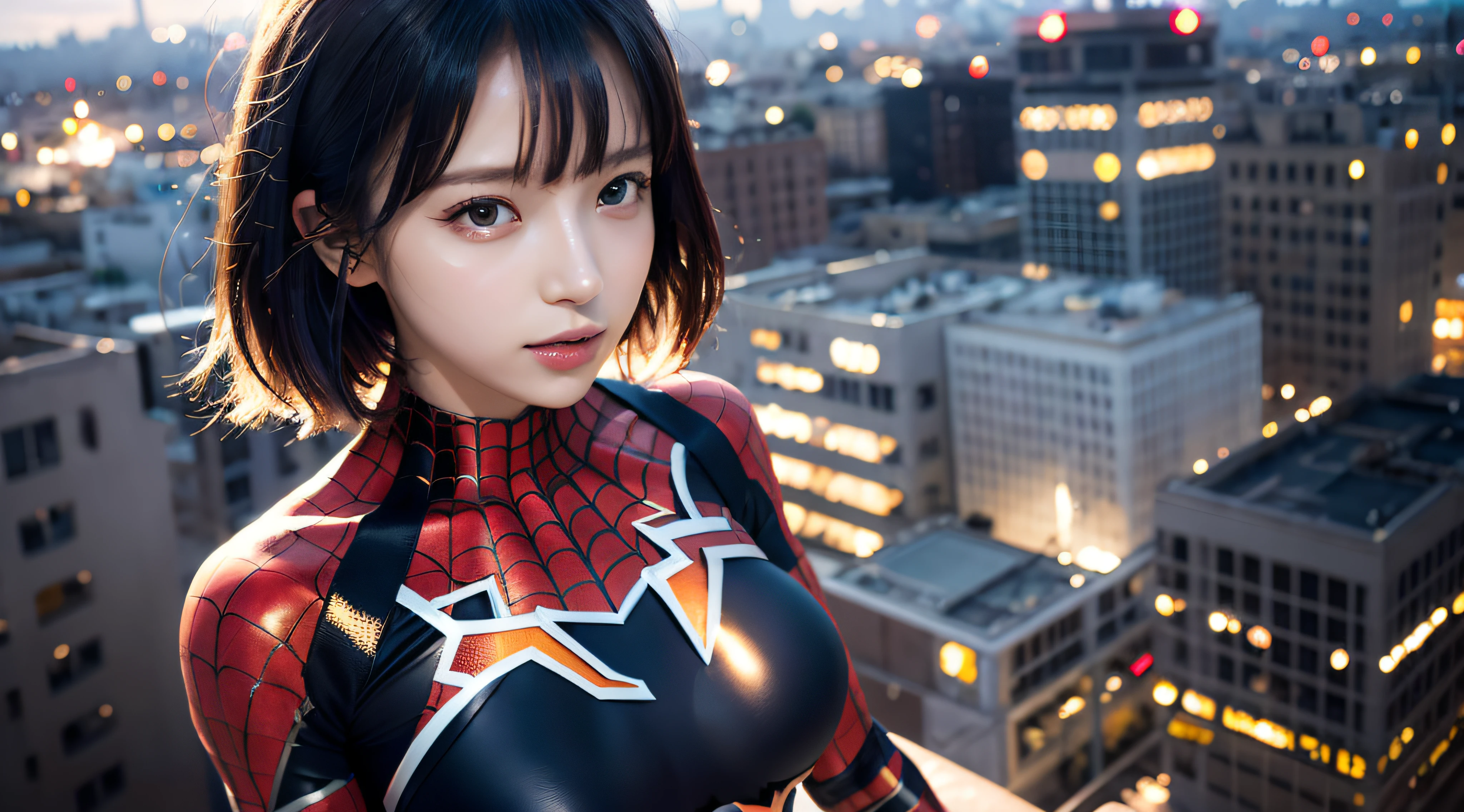 (8K,RAW photos,超高分辨率,best qualtiy,tmasterpiece:1.2),(photorealistic illustration),(Extremely detailed CG unifies 8K wallpapers),absurderes, 1个Giant Breast Girl,21yo,beauitful face,with short black hair,Whole body diagram,Wrapped in a Spider-Man costume,Female Spider-Man,nigth,Rooftop,Roof,salama,Wrapped in Spider-Man clothes,Bokeh background