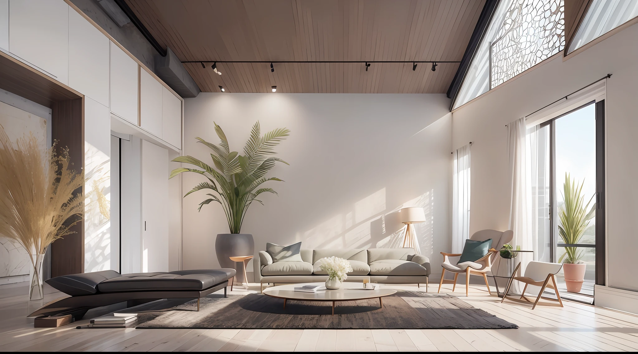 Large minimalist living room，Works of masters，Rare flowers and plants（1:0.02），sun's rays，No main light design，an award winning masterpiece，Incredible details Large windows，highly  detailed，Harper's Bazaar art，fashion magazine，fluency，Clear focus，8K，rendering by octane