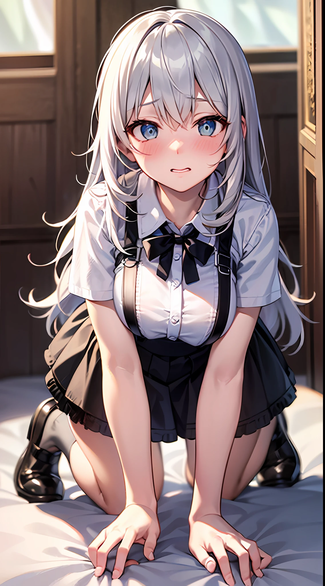 {Best Quality}, {ultra-detailliert}, {very detailed illustration}, silber hair, Aimei, embarrassed from,breastsout,red blush,Black tie,{Suspender Skirt},suspenders,skirt by the,Casual clothing,a bed,Lateral view,Cool eyes,all-fours