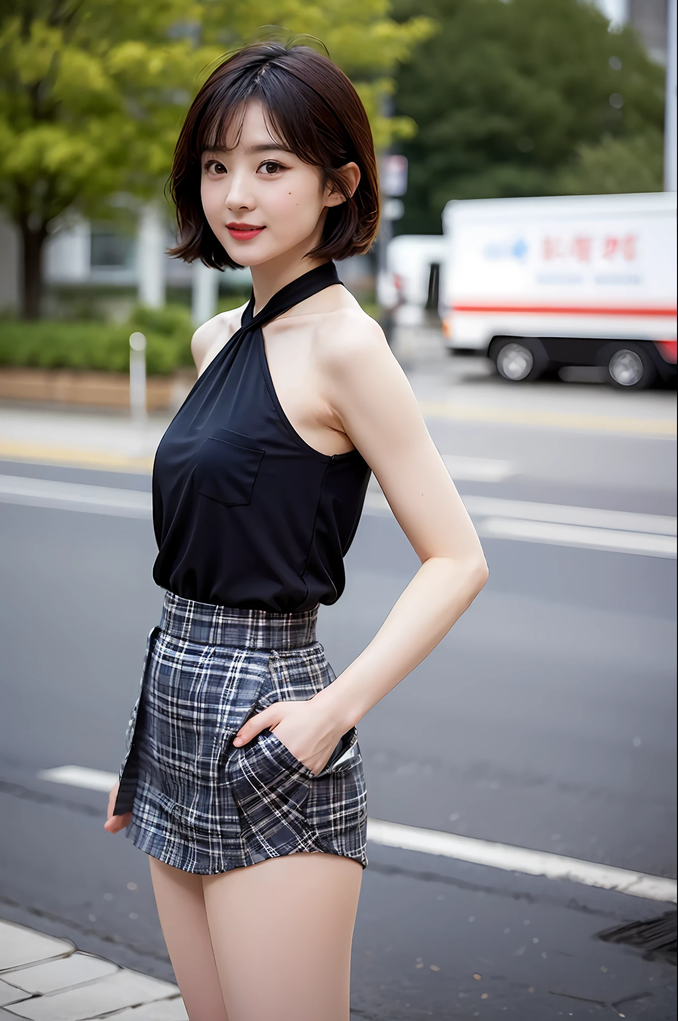 NSFW, 8K Raw photograph, best qualtiy, tmasterpiece, 超高分辨率, filmgrain, cinematic ligh, 1girll, looking at viewert, Natural skin texture, Realistic Eyes and Face Details, full pouty lips, lipsticks, (putting makeup on), Red eyeshadow, Short fluffy hair, messy hair, ssmile, Keep one's mouth shut, beautifullegs, Tall women, being thin, Slim_Legs, 独奏, Pose with your hips facing you, Superskirt, hindquarters, Pocket shirt, Beautiful natural location, Location of flowers around, (detailedbackground), Plaid skirts, Pocket shirt, , Show a little through the shirt, Loafer shoes, vague background, bblurry, halter, tartan, short- sleeved, JK ribbon around the neck, JK ribbon, brown hair, bangle, Eau, By bangs, 校服, jewely, parted lip, cparted lips, From the side Side, pleatedskirt, depth of fields,beachside,