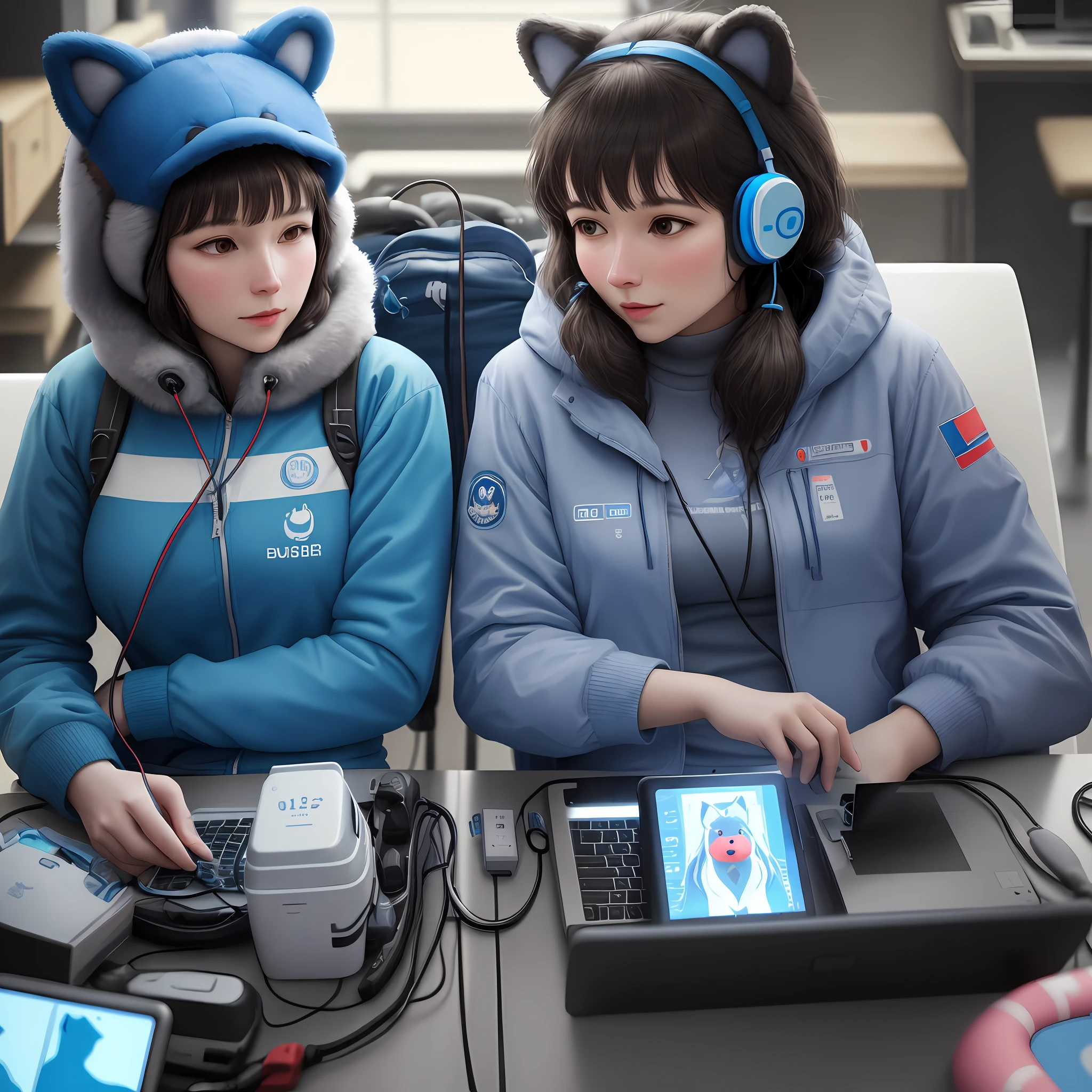 blue bear and wolf woman  unplug patch cables and replace them with devices for data collection