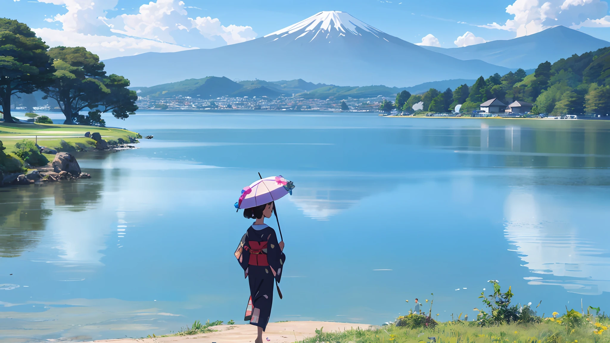 top-quality、Lakeside in front of the mountain. Fuji、girl with、独奏、Smile on the screen、Walk along the lakeside、⁸Daytime、夏天、Kimono、Open the parasol、Beautiful blue sky、 --auto