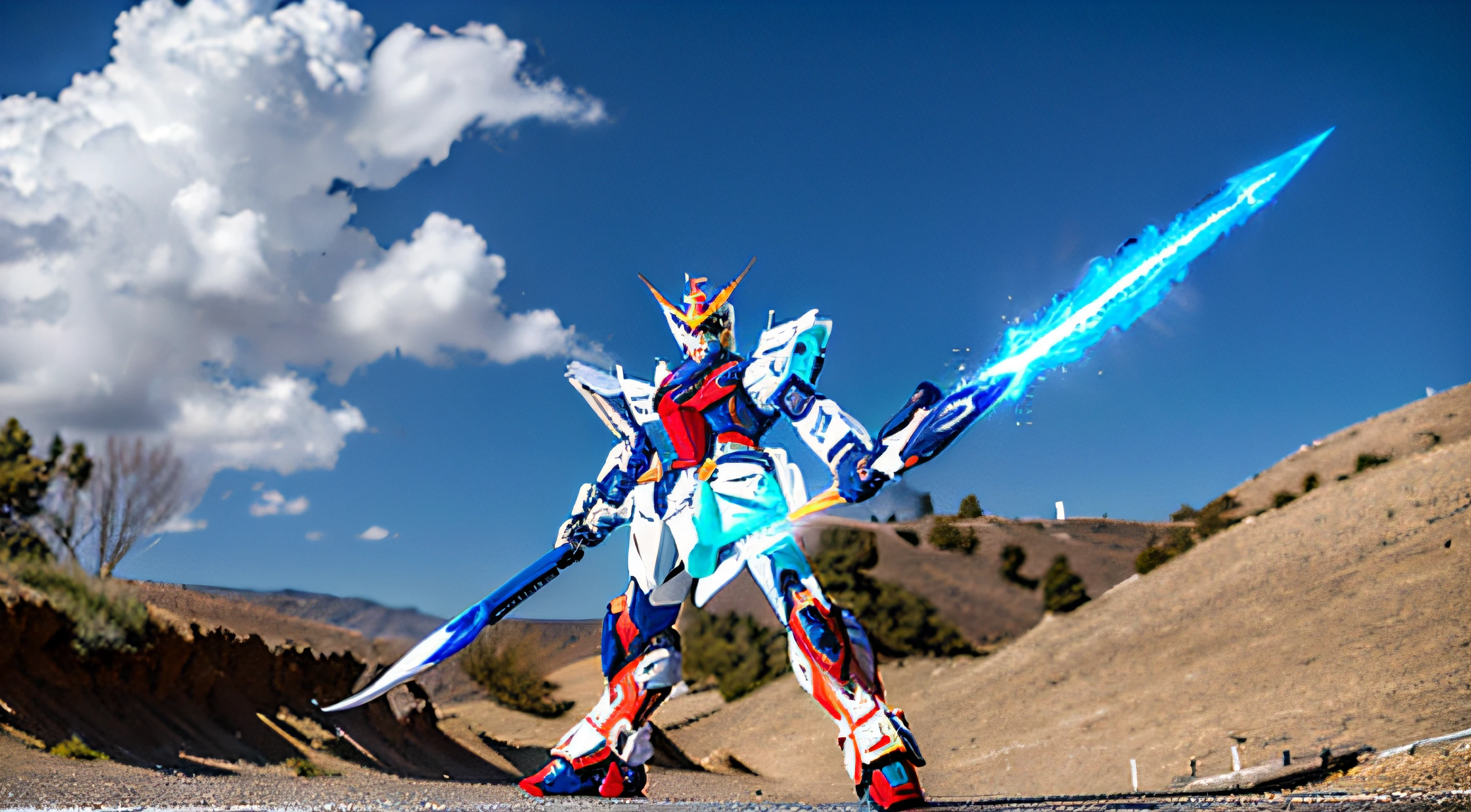 Make HD images of the new Gundam，Apply Assault Freedom Gundam，God Gundam，Features of Barbatos Gundam，At the same time, Add lions、buffalo、Elements of man and eagle，Holding the Flame Greatsword in his right hand，Hold an ice spear in your left hand，stands in the center of the city