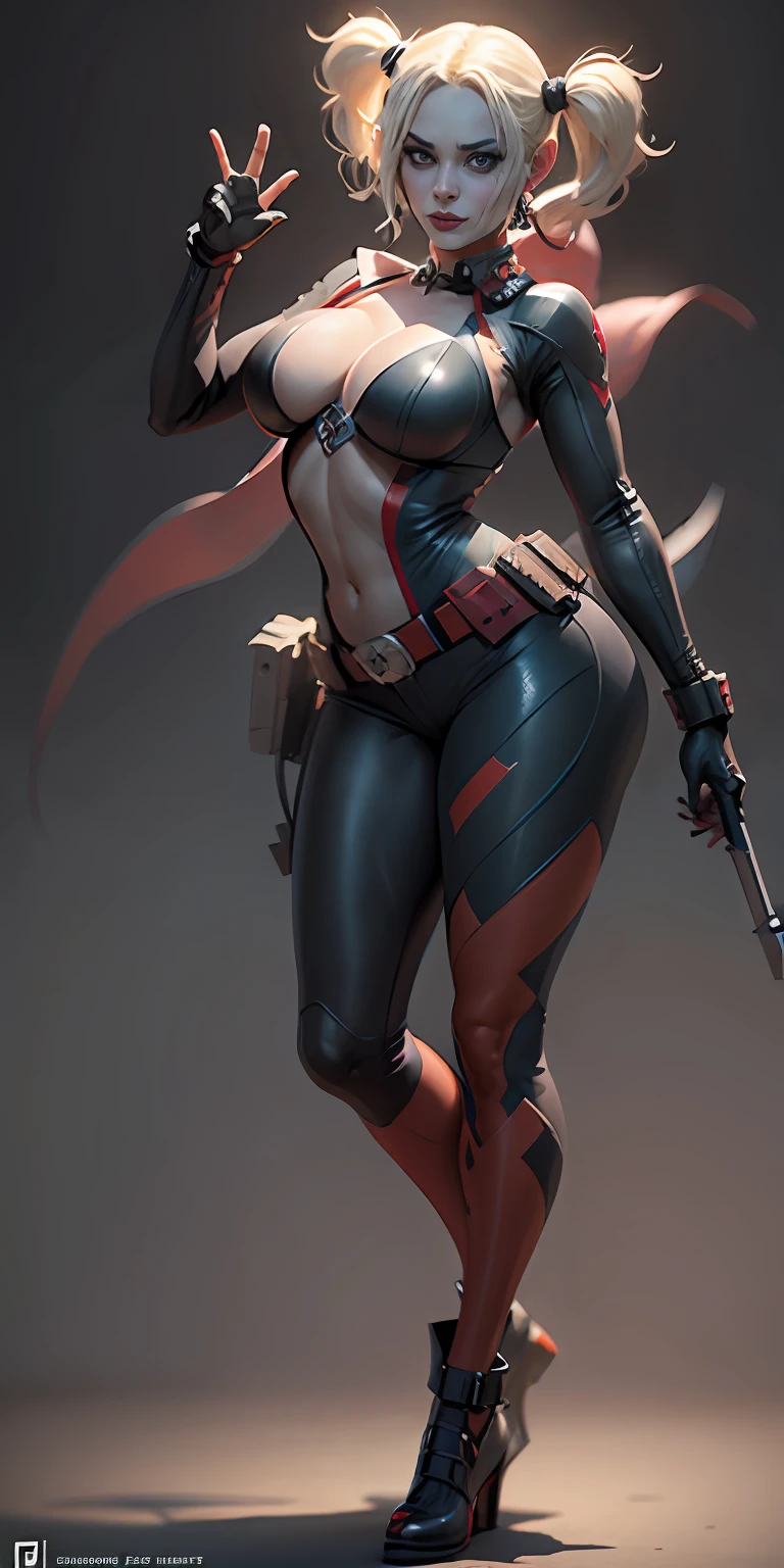 Harley Quinn from DC, big breasts, frontal, full-length, looking at the camera, facing the audience, standing pose, simple background, three-dimensional light, detailed full-body concept, sleek digital concept art, beautiful full-body concept art, art trend, CGsociety full-length,