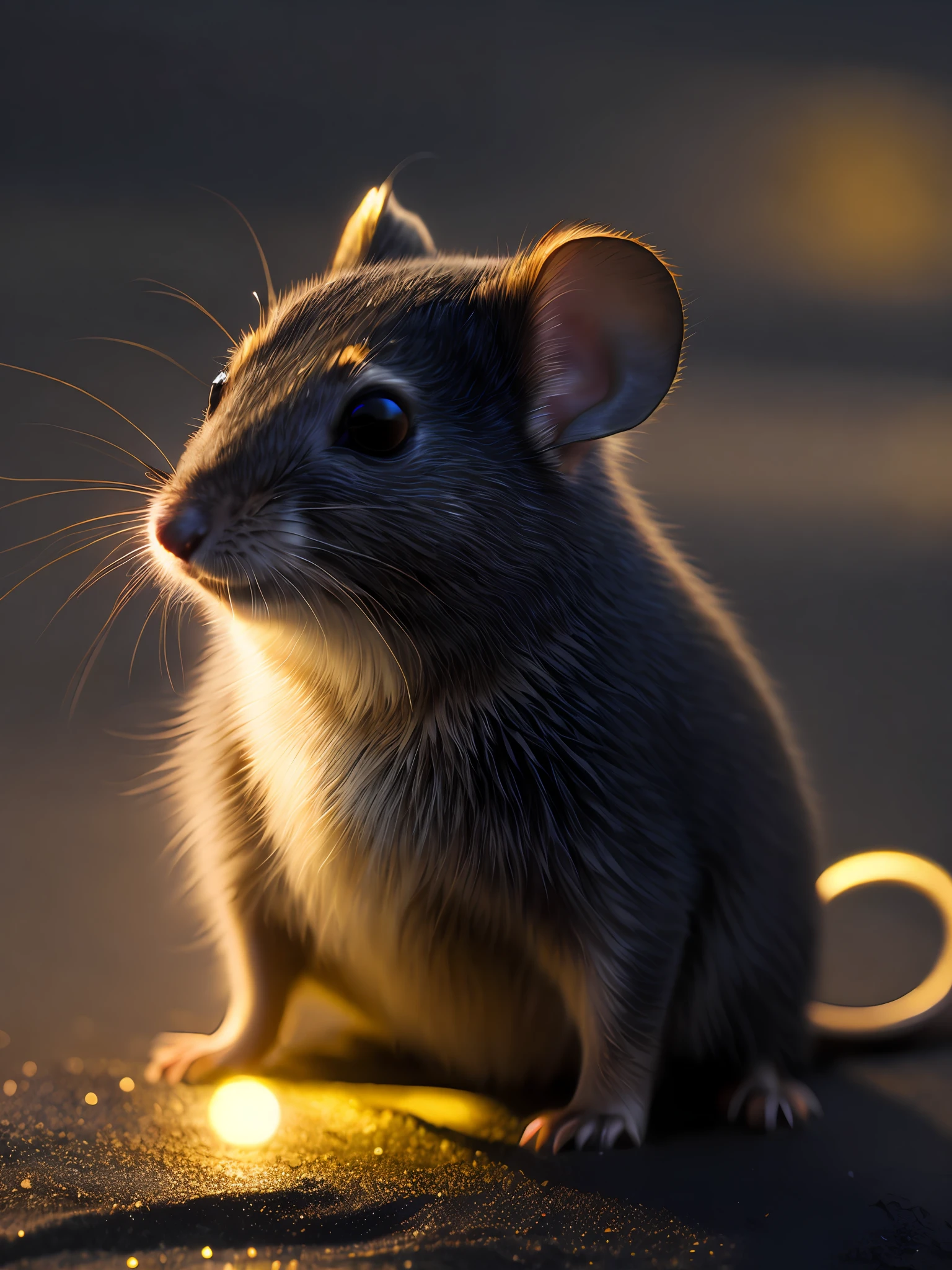 On black sand，Coiled was a small golden mouse，The coat color is shiny，Look at your close-up photo with wide eyes，Soft volumetric light，（The light from the back window is backlighted：1.3），（cinematic ligh：1.2），Complicated details，（ArtStation：1.3），Rutkowski
