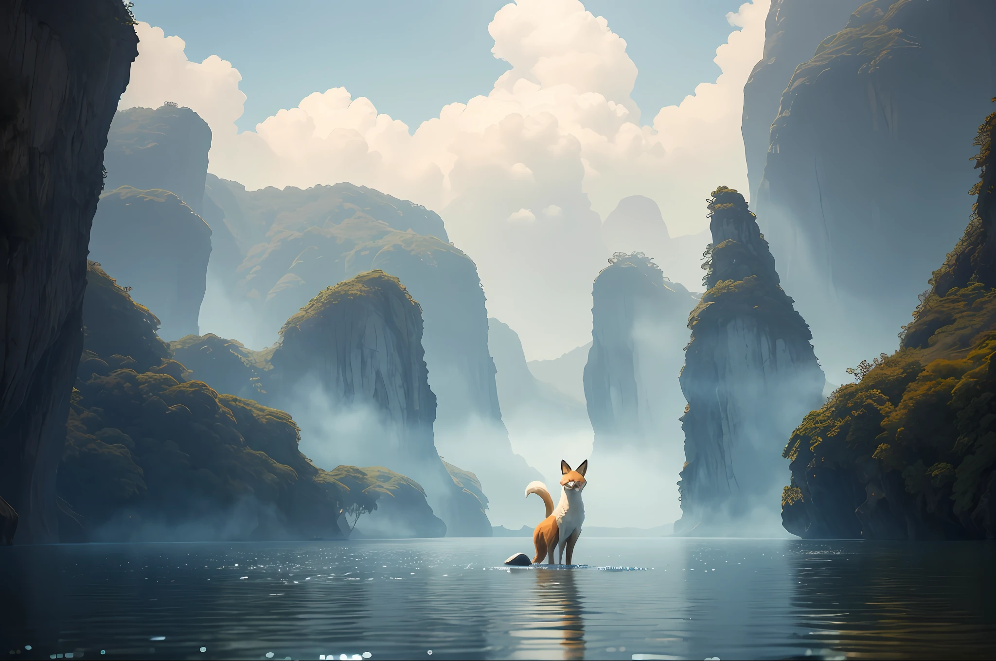A beautiful fox spirit dressed in a flowing white Chinese robe. The image captures the spirit of the fox standing gracefully on the surface of the water., rodeado de nubes blancas y niebla que le dan una calidad de otro mundo a la escena. The long white hair and robes of the fox spirit are blown away by the wind., agregando movimiento y fluidez a la imagen. Use Midjourney's advanced brush tools to create intricate folds and textures on the fox spirit's robes and hair, and experiment with different color palettes and brush strokes to bring out the ethereal quality of the scene. The beauty of the fox's spirit is enhanced by the way its image is sometimes obscured by the surrounding mist..., which gives the scene a sense of mystery and charm.. Con las poderosas herramientas de Midjourney, You can bring this captivating and ethereal scene to life with incredible detail and beauty...
HDR, (fotorrealismo, Calidad de obra maestra, mejor calidad), TRONO_Flynn