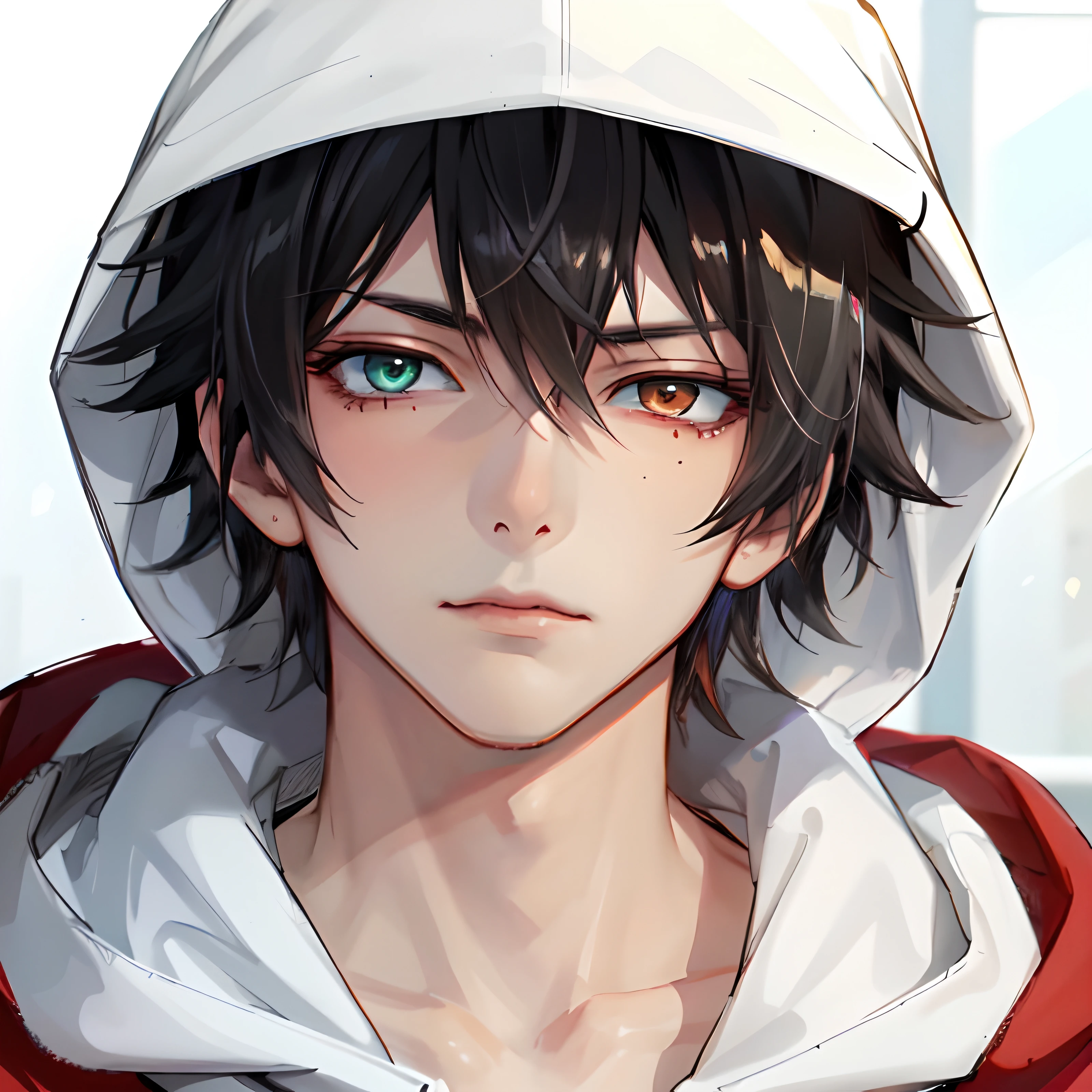 yamada ichiro\(hypnosis mic\), 1boy, solo, looking at viewer, male focus, buster bros, 19 years old, red eyes, bangs, black hair, hair between eyes, heterochromia, green eyes, mole under eye, white hoodie, white hood, close-up