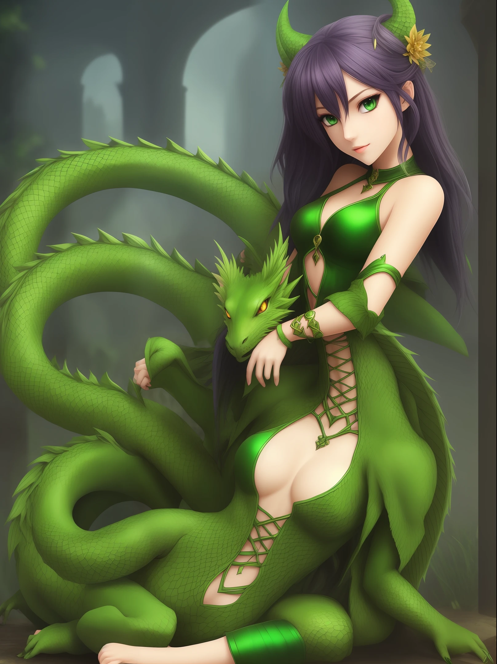Green dragon girl very beautyful than a goddess with Emerald green eyes and emerald green hair with a few clothes