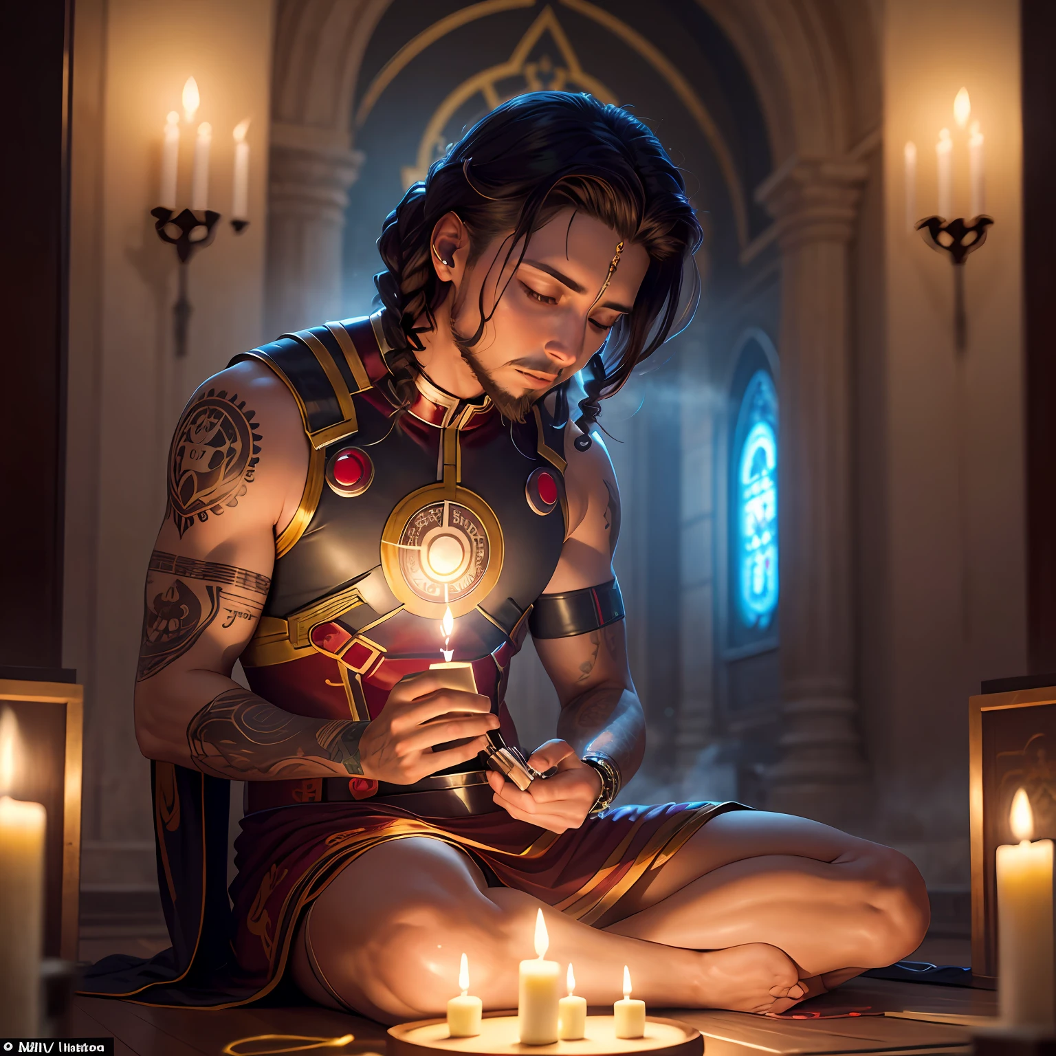 buda dj mezclando musica en un templo junto a una sacerdotisa tantrica joven con tatuajes ,percings y una mascara de iron man que baila junto a unas velas foto ultrarealista --auto