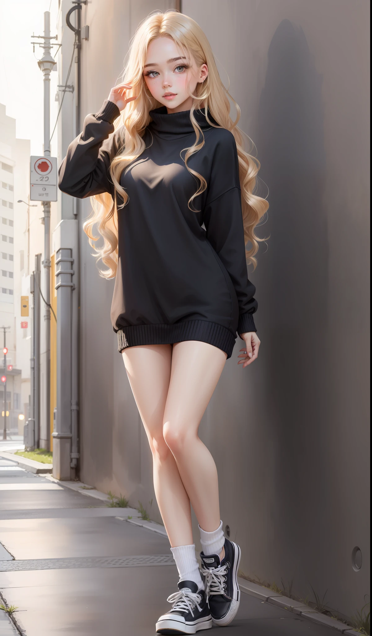 a woman in a oversized mid thigh length sweater, leggings, large woolly socks , cute face, black converse shoes, 17 years old, adult face, long slightly wavy hair, ((honey coloured hair)) and gleaming detailed vibrant violet eyes, slim frame, medium breasts, long legs, beautiful face, standing pose, small glossy pink lips
