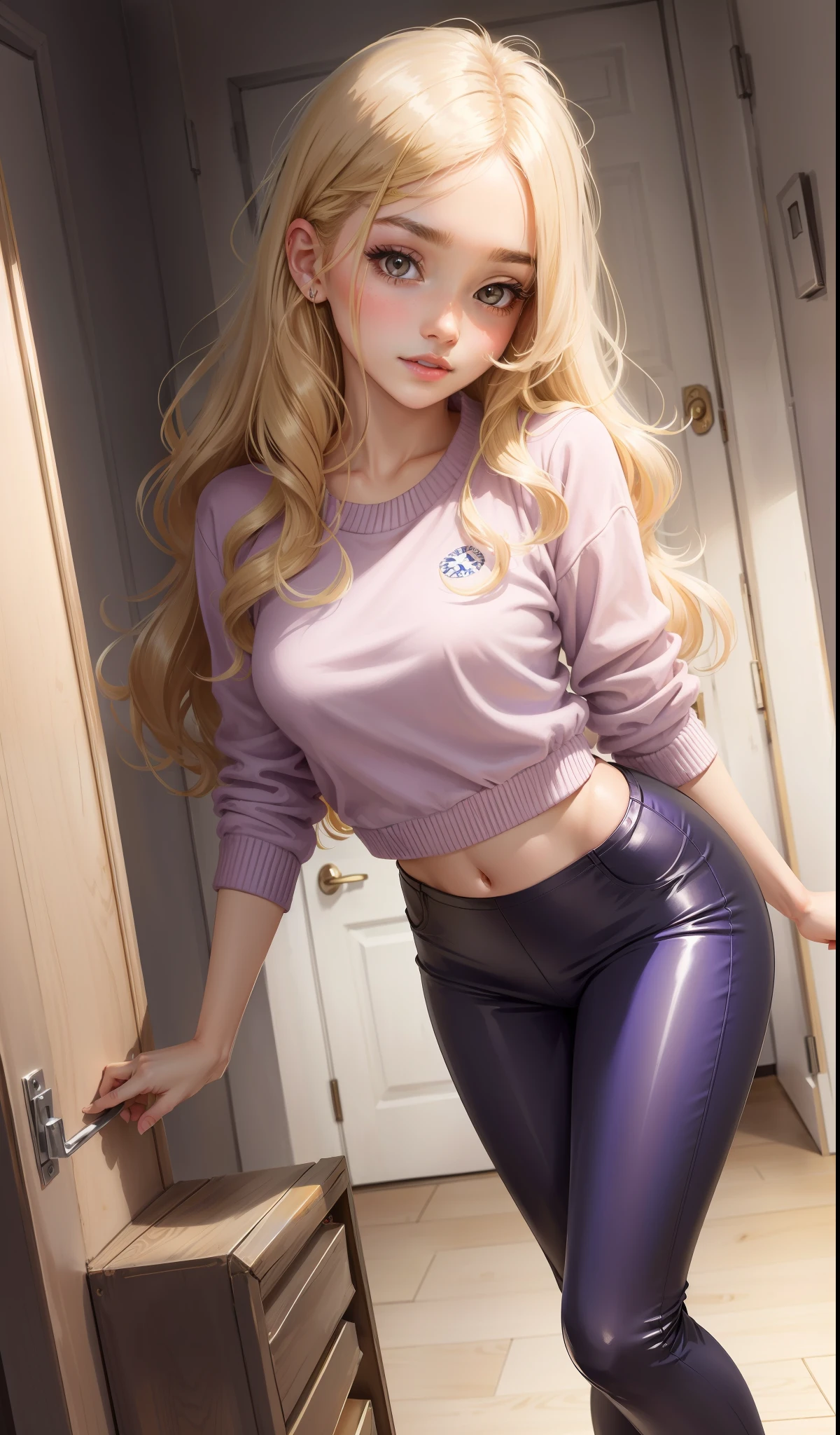 a woman in a oversized mid thigh length sweater, leggings, large woolly socks , cute face, black converse shoes, 17 years old, adult face, long slightly wavy hair, ((honey coloured hair)) and gleaming detailed vibrant violet eyes, slim frame, medium breasts, long legs, beautiful face, standing pose, small glossy pink lips