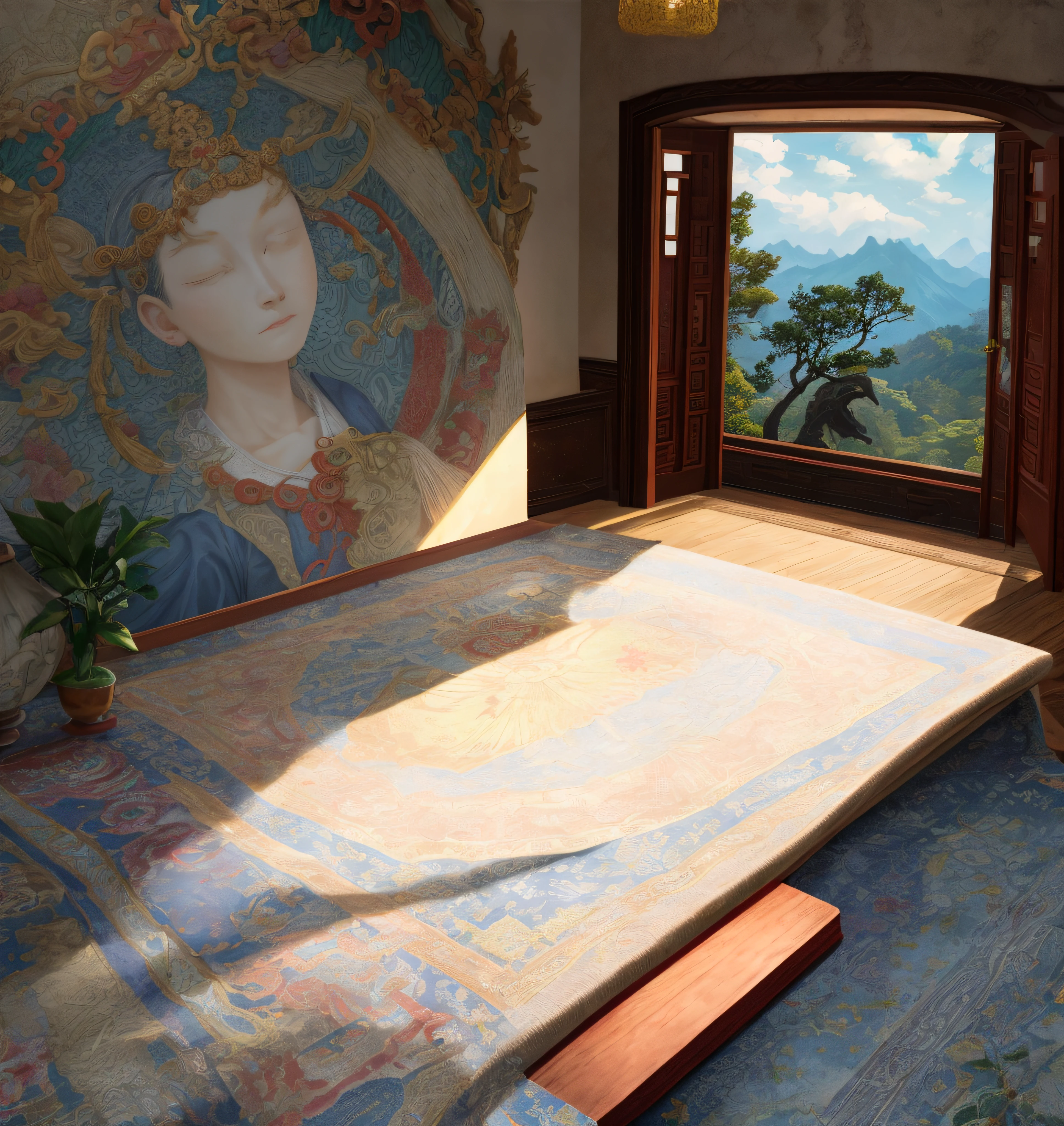 dominant colors: (((Overall red))),real rendering,Reallightandshadow,(Antique interior design)、Chinese home furnishings、Circular entrance、Depth、symmetrical design、((Antique carved door beams、carved beam paintings、tables and chairs、Bonsai、vases、chinaware、the trees、florals、Chinese lamps、Embroidery、screen、Beds、cushion、Blue sand curtain))、、rich details、Ancient Chinese Ming dynasty style、Quiet and elegant atmosphere、The blue tone is the base tone、Delicate and soft painting style、Cinematic lighting effects、high-definition picture quality、softlighting、Tyndall effect、dream magical、rich details、Refer to Gu Kaizhi、32K、high high quality、A high resolution、VerydetailedCG,Realistic background, Fundo sala de estar,, hyper detailed scene,, realistic detailed background, highly detailed scenario, arte de fundo, detailed scene, round background