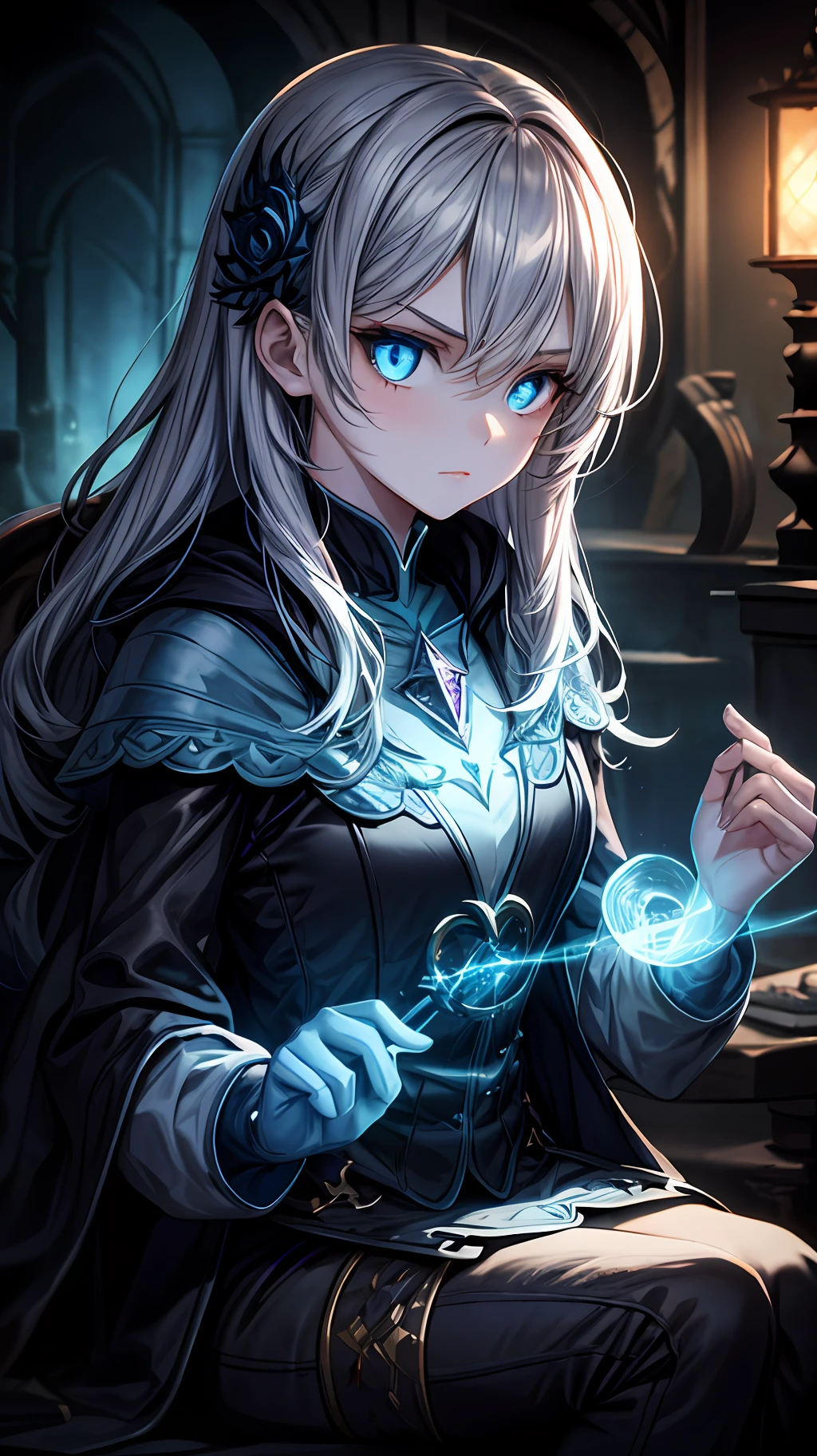 masterpiece, best quality, 1girl, potion, dark moody lighting, glow, glowing, mysterious, mystical, magical, rim lighting, blue eyes,