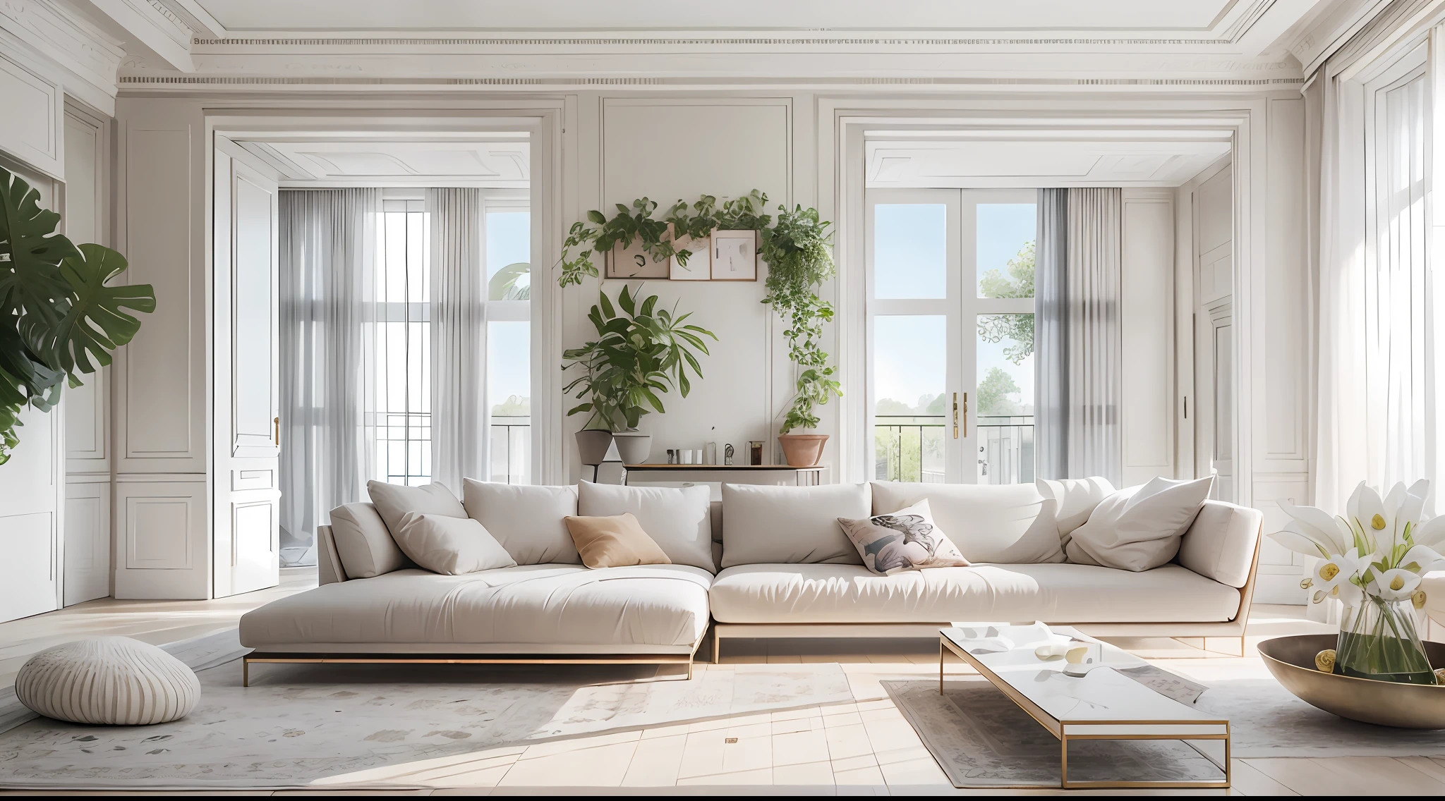 minimalist living room，Rare flowers and plants（1:0.05），sun's rays，No main light design，an award winning masterpiece，Incredible details Large windows，highly  detailed，Harper's Bazaar art，fashion magazine，fluency，Clear focus，8K，rendering by octane，