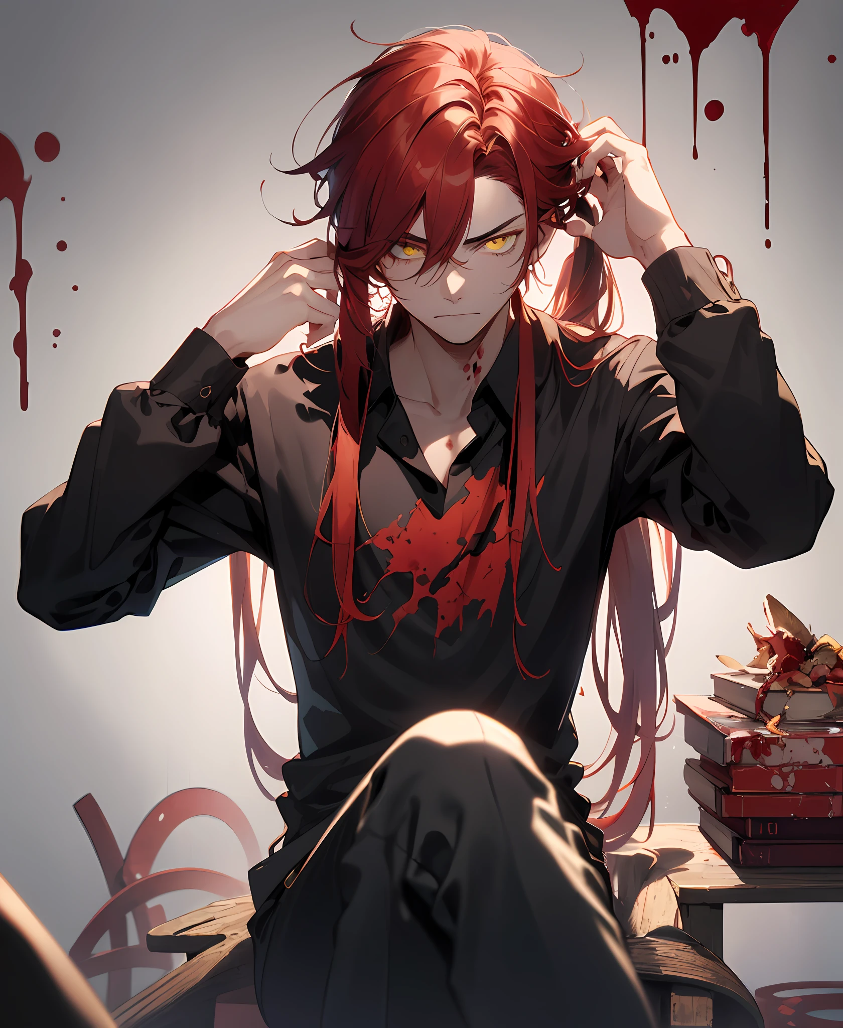 (masterpiece, best quality, high quality), 1young man, ((not impressed)), sitting, looking at the viewer, red hair, (long hair, disheveled hair), yellow eyes, :(, hair ponytail, black and red clothes, blood, sinister background