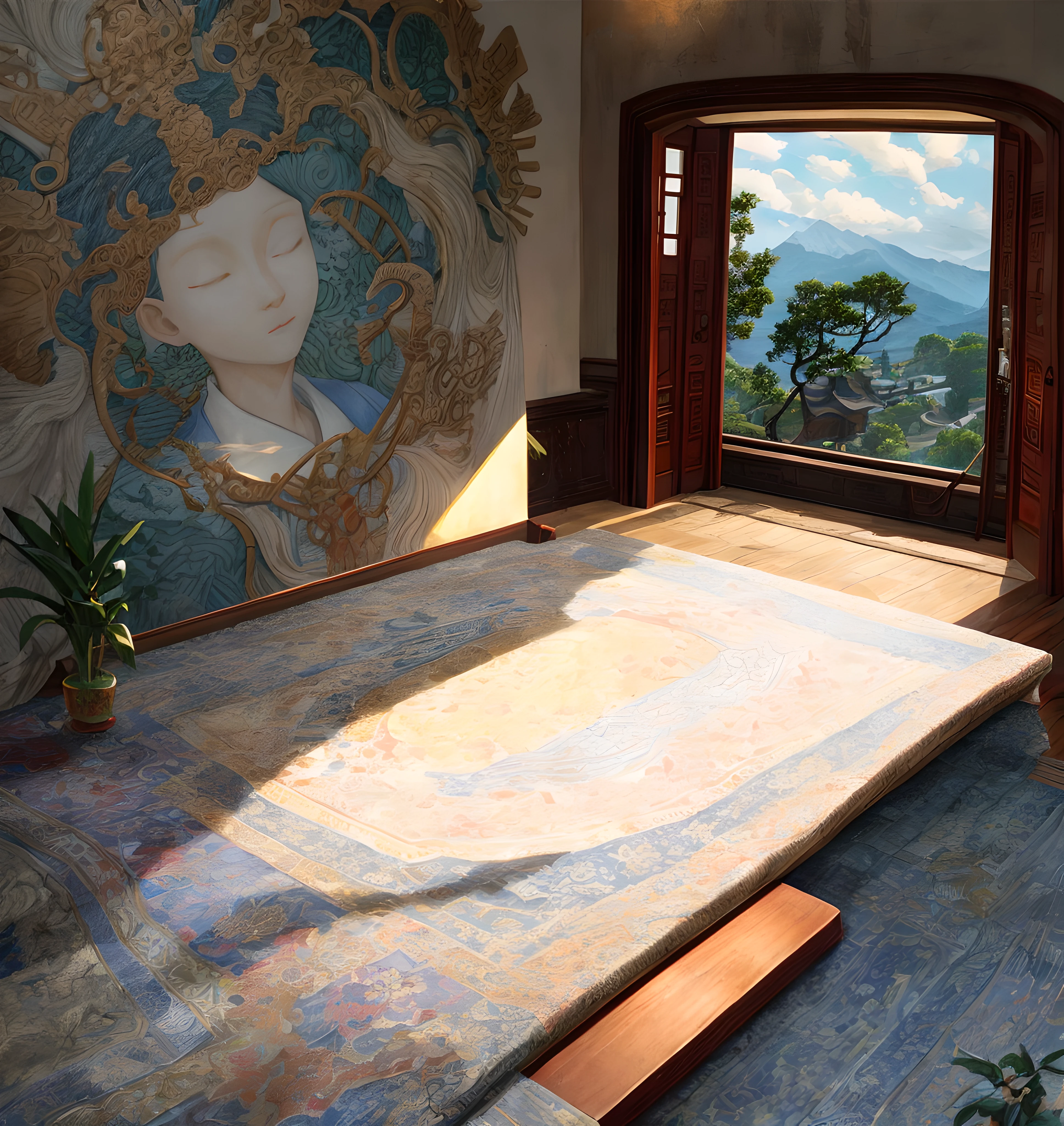 dominant colors: (((Overall red))),real rendering,Reallightandshadow,(Antique interior design)、Chinese home furnishings、Circular entrance、Depth、symmetrical design、((Antique carved door beams、carved beam paintings、tables and chairs、Bonsai、vases、chinaware、the trees、florals、Chinese lamps、Embroidery、screen、Beds、cushion、Blue sand curtain))、Exquisite home、rich details、Ancient Chinese Ming dynasty style、Quiet and elegant atmosphere、The blue tone is the base tone、Delicate and soft painting style、Cinematic lighting effects、high-definition picture quality、softlighting、Tyndall effect、dream magical、rich details、Refer to Gu Kaizhi、32K、high high quality、A high resolution、VerydetailedCG,Realistic background, Fundo sala de estar,, hyper detailed scene,, realistic detailed background, highly detailed scenario, arte de fundo, detailed scene, round background