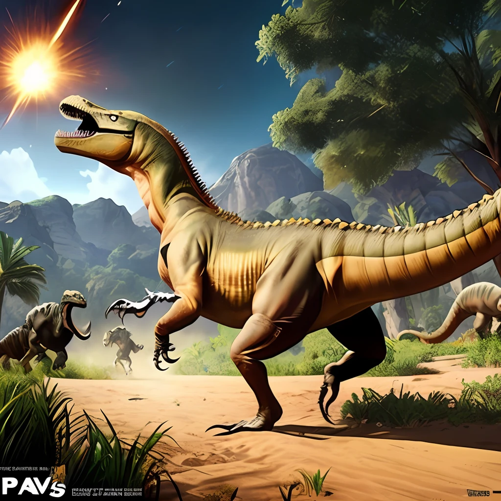 Dinosaur migration, ark survival, ark survival evolved, jurassic image, key art, Jurassic World, meteor impact behind a dinosaur, Ancient art, jurassic, author：Arthur Penn, pc screenshot, author：Ivan Langer, realistic paleoart, author：Luis Miranda, at the time of dinosaurs, dinosaurs, wallpaper hd