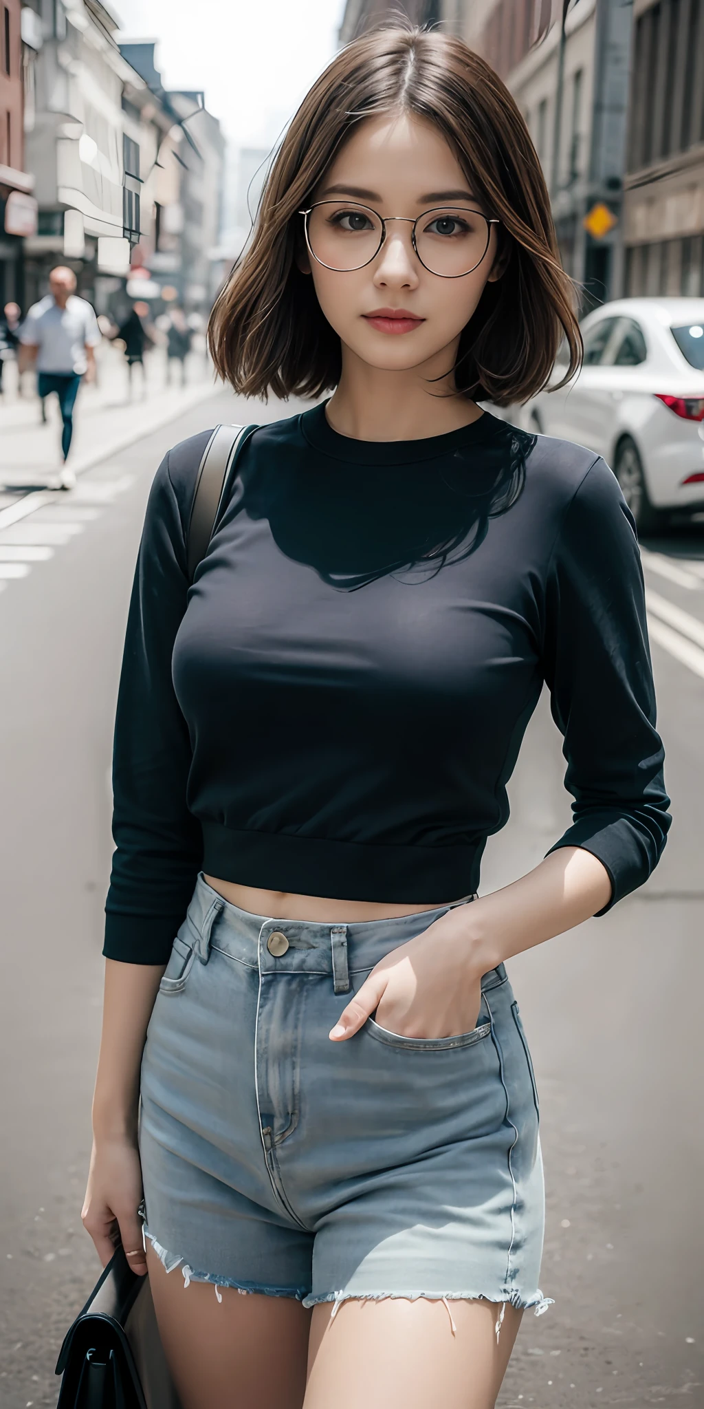 (RAW photo, best quality), (realistic, photo-realistic:1.3), extremely delicate and beautiful, Amazing, finely detail, masterpiece, ultra-detailed, highres, (best shadow),
sharp focus, volumetric fog, 8k UHD, DSLR, high quality, Fujifilm XT3,
a woman wearing glasses and a blue top posing for a picture in the street with her hand on her head, glasses, a picture, aestheticism