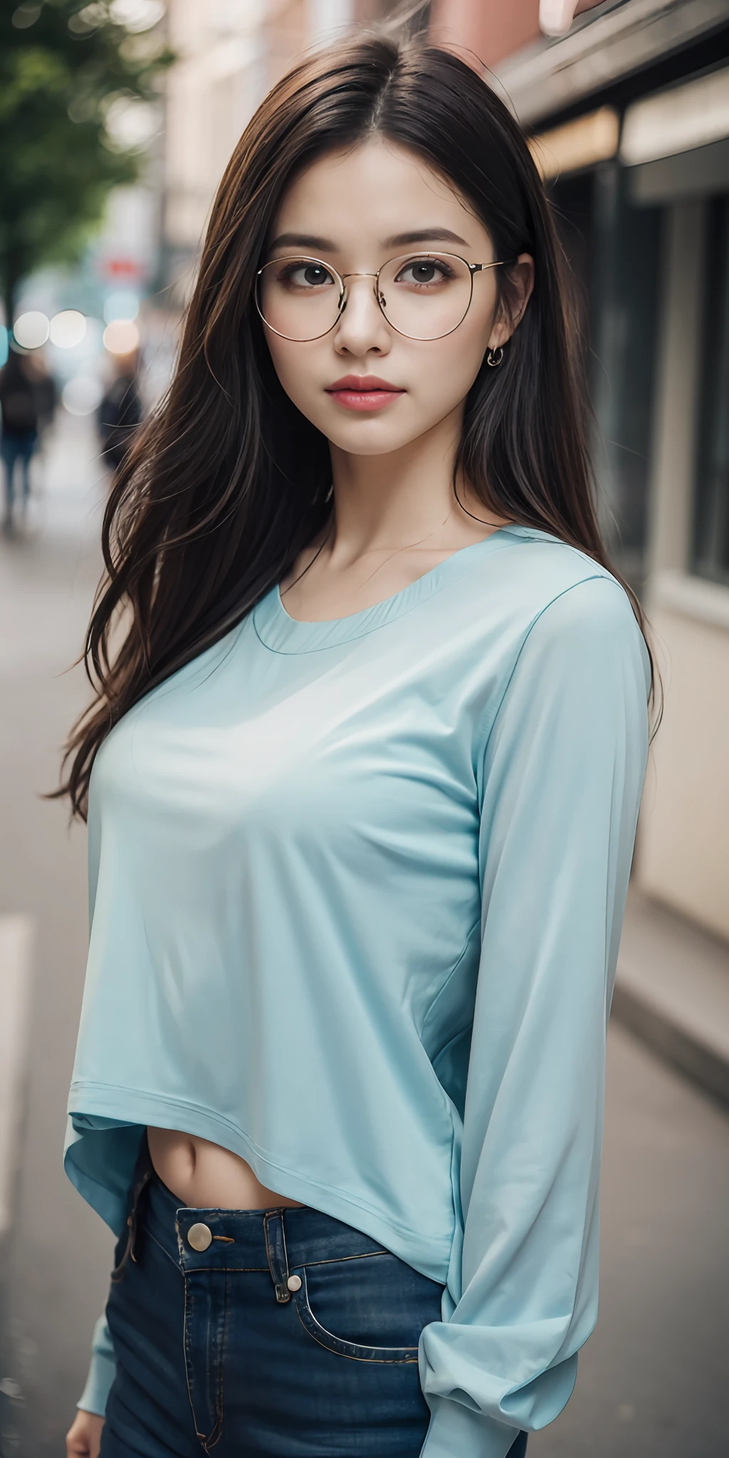 (RAW photo, best quality), (realistic, photo-realistic:1.3), extremely delicate and beautiful, Amazing, finely detail, masterpiece, ultra-detailed, highres, (best shadow),
sharp focus, volumetric fog, 8k UHD, DSLR, high quality, Fujifilm XT3,
a woman wearing glasses and a blue top posing for a picture in the street with her hand on her head, glasses, a picture, aestheticism