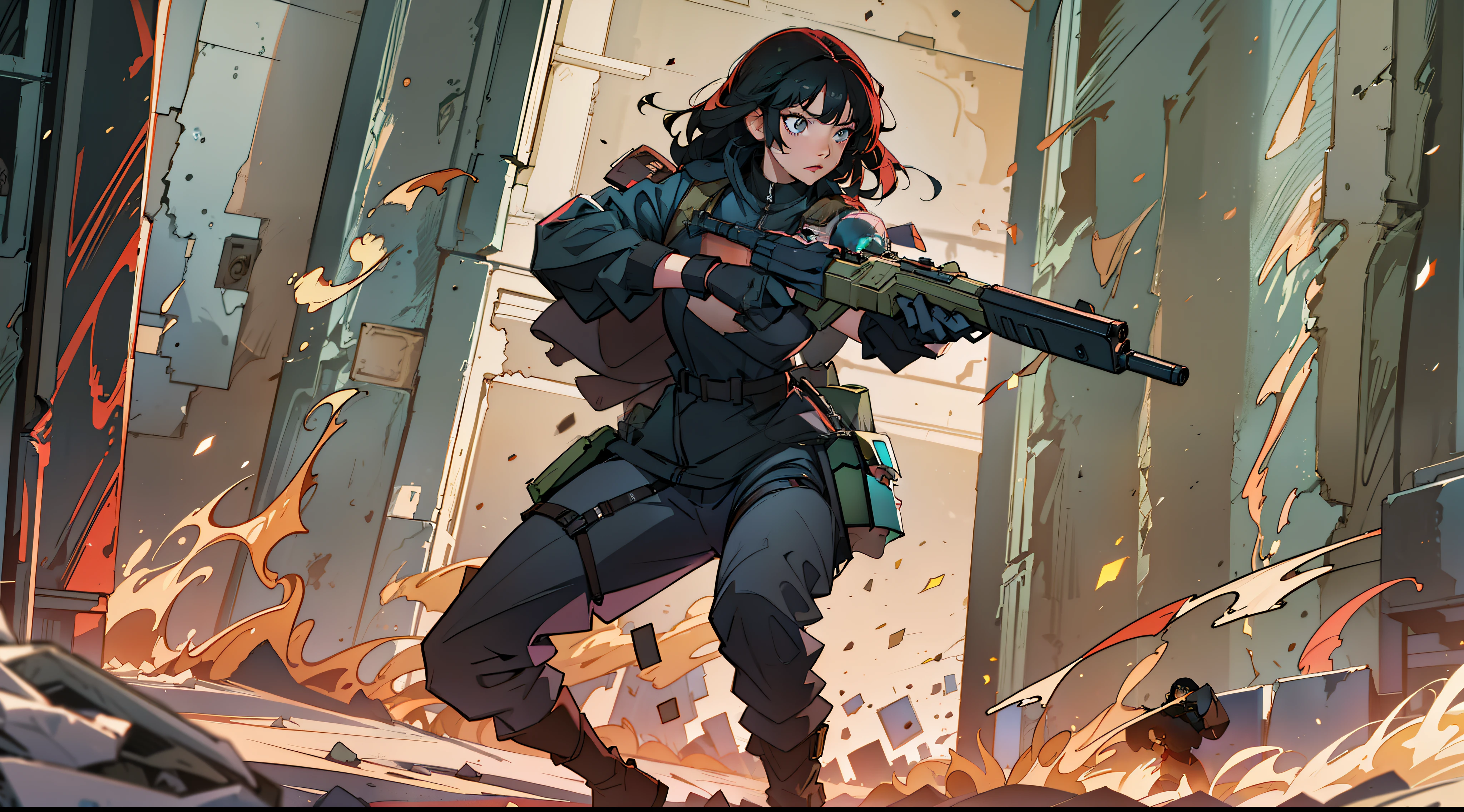 a beautiful woman with black hair fights for her life in a firefight, she fights back the shots fired at her and she wears a black military outfit with gloves and boots and dark sunglasses and this whole shooting takes place inside a building
