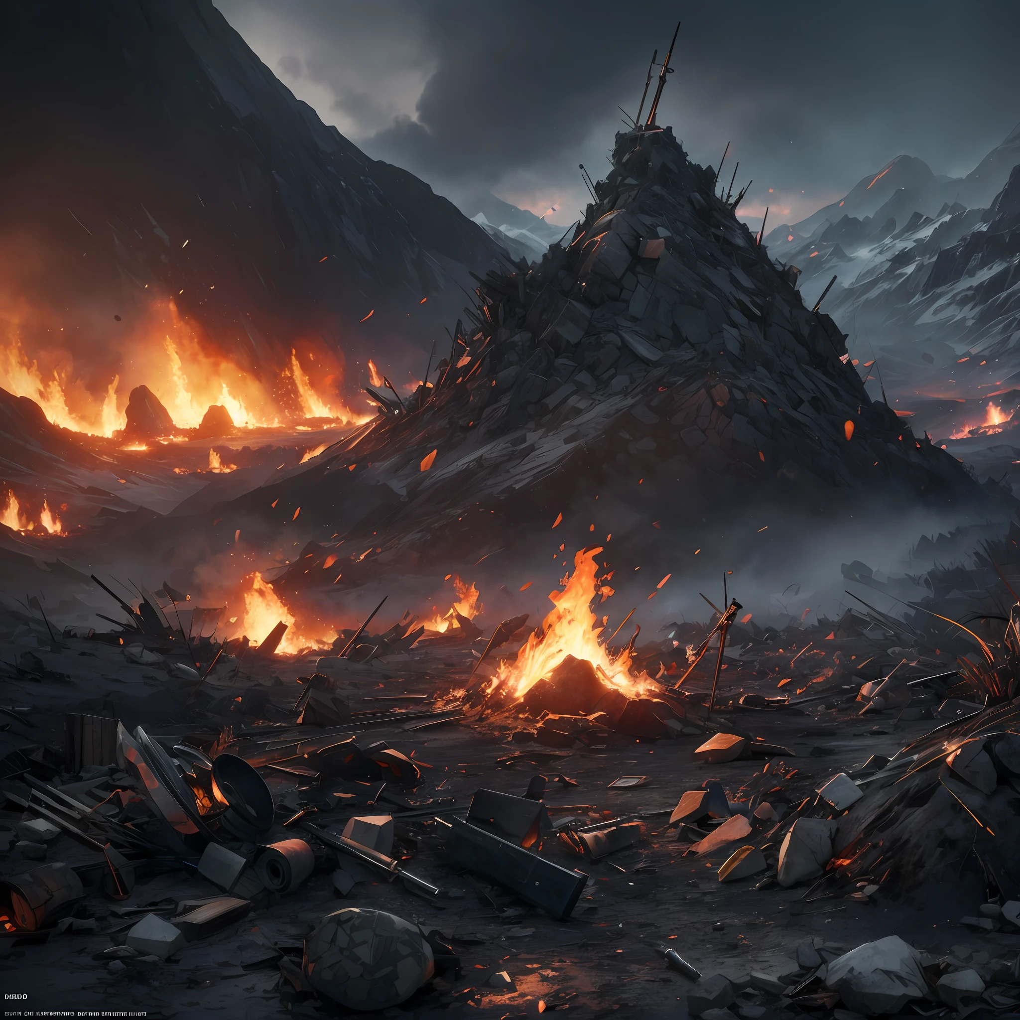 A battlefield ontop of a mountain filled with dead soldiers, weapons left, arrows and fire(8k, RAW photo, best quality, masterpiece:1.2), ultra detailed, official art, photo-realistic:1.37, film grain, octane render, high quality render