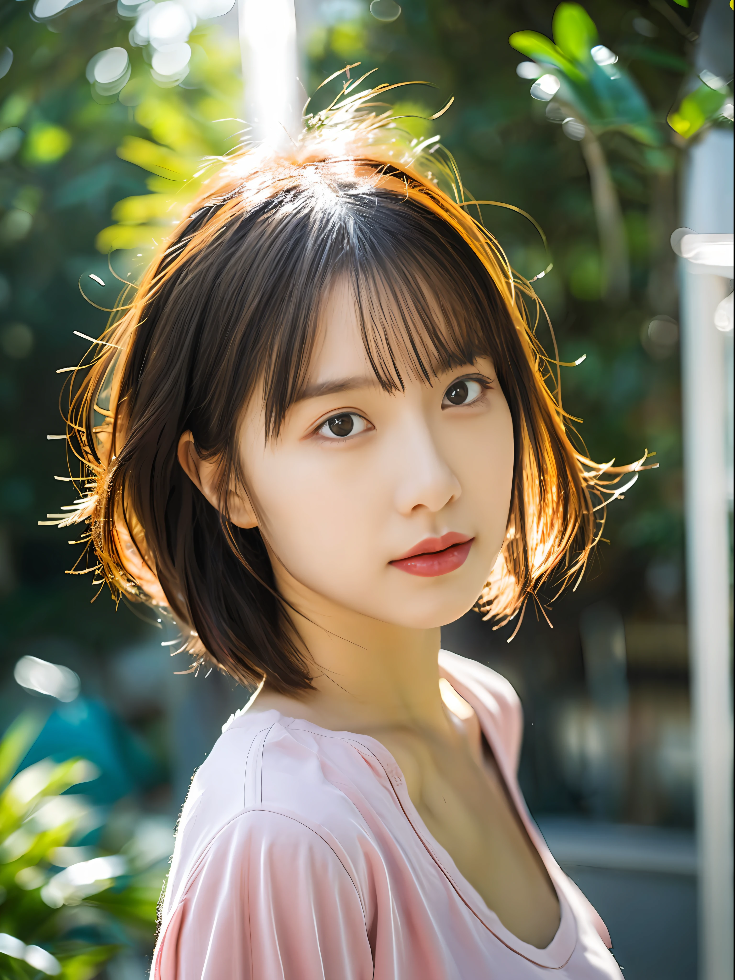 (8k, highest quality, masterpiece: 1.2), (hair_style), (realistic, photorealistic: 1.37), plump eyes, highest quality, masterpiece, in the summer sun, sky and sea background, shot on wooden deck, [small breasts], backlit, shooting from the waist up, camera angle from below, pose with hair raked up with hands, shot in natural light from morning to noon, Hairstyles and fashion styles that match the Japan trends of 2023, realistic, super detailed, 30s, actress, half Japanese and Russian half model, elaborate CG, slender, adorable, hairstyle matches the fashion of Japan in 2023 layer cut that flutters in the wind, delicate skin type, fine details and softness, model hair color is bright and soft, Choose a short-length T-shirt that matches the summer trends of 2023 and pair it with pale pastel colors for surf fashion.