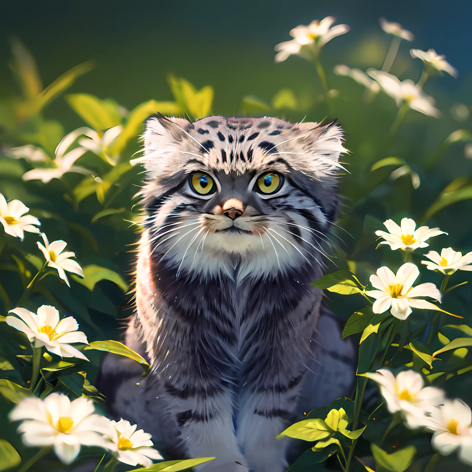 best quality, highres, masterpiece, manul, manulcat, pallascat, sitting, looking at viewer, surrounded by flowers, wind, water splashes, summer,