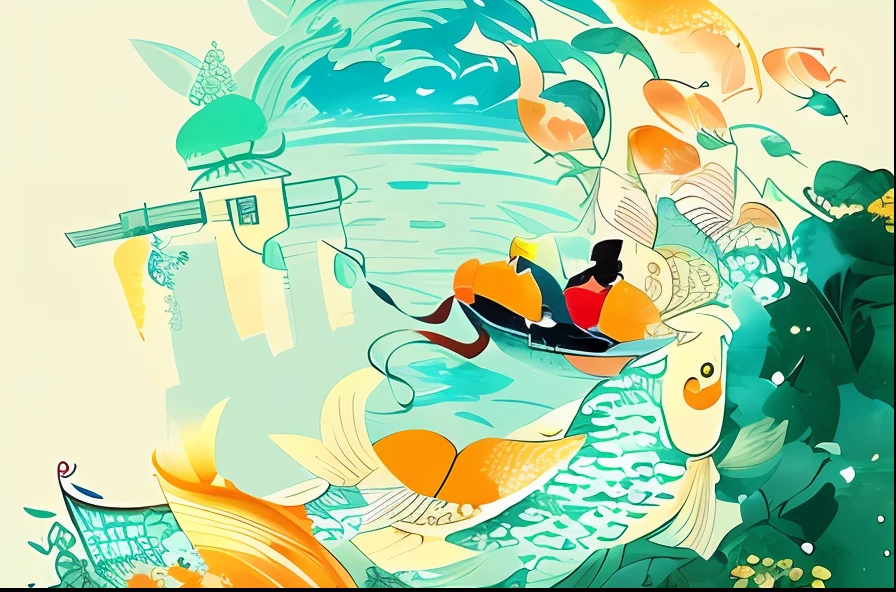 There was a man fishing in a boat in the water, A beautiful artwork illustration, koi fishes, koi fishes, full-colour illustration,Chinese watercolor style, Chinese fantasy, an illustration of inspired by Victo Ngai, Beautiful illustration, Exquisite digital illustration,