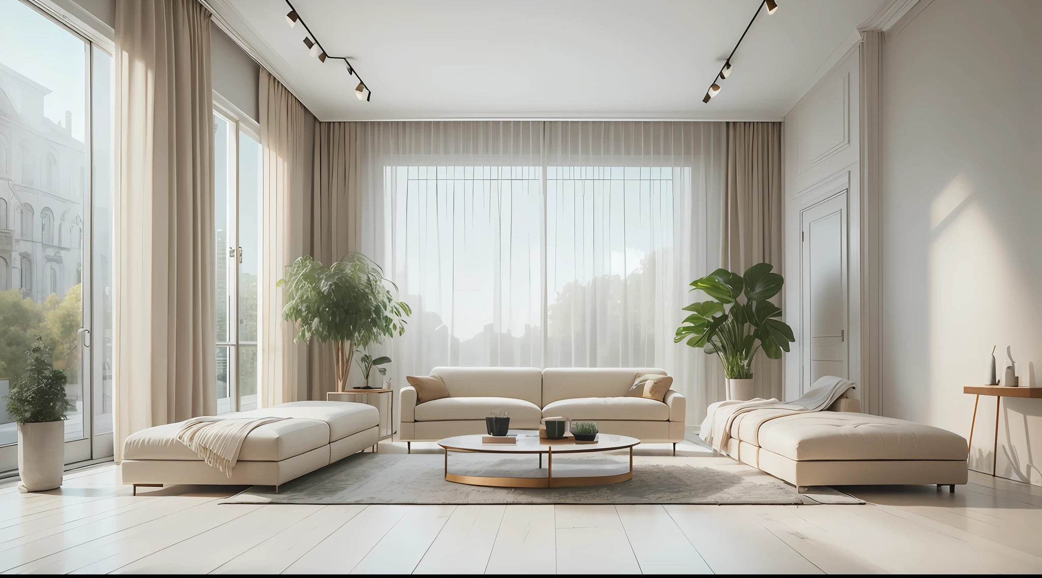 minimalist living room，Rare flowers and plants（1:0.05），sun's rays，No main light design，an award winning masterpiece，Incredible details Large windows，highly  detailed，Harper's Bazaar art，fashion magazine，fluency，Clear focus，8K，rendering by octane，