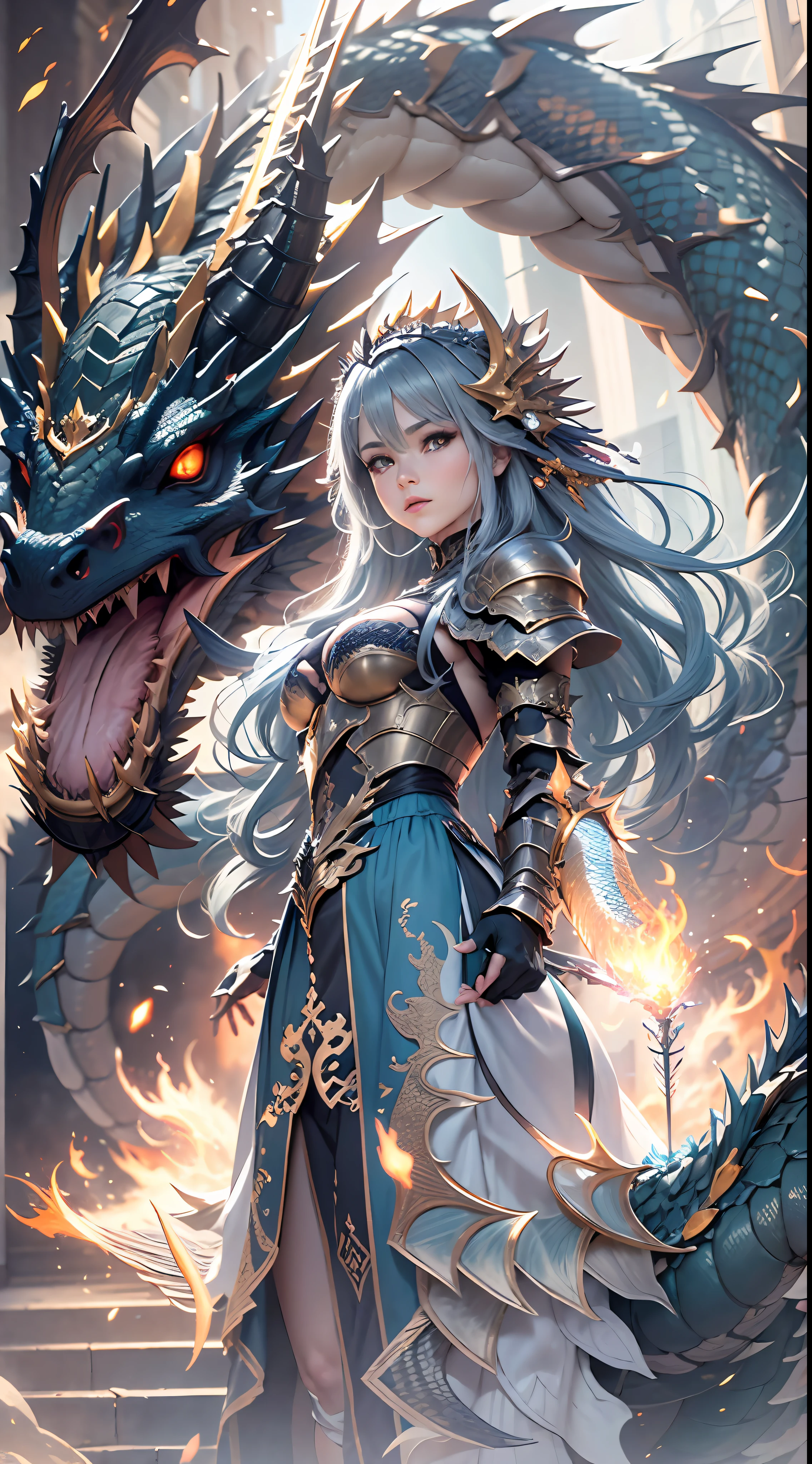 (the detail：1.4), 3D combination of man and dragon, Human dragon tail, A girl in dragon scale armor, The armor has an intricate and delicate golden dragon pattern, (The pitch-black dragon armor shone with a metallic sheen:1.3), (Wielding a dragon lance:1.5), Off-the-shoulder fashion, Dynamic movement of sword dance in a human-centered circle, Showing meticulous、A fusion of fine punk steam and baroque lolita, Countless meteorites fell from the sky, Intricate dragon pattern headdress, Fluttering lace flared miniskirt, Breasts are full and straight, The dragon crystal with this shining blue light is embedded in the chest, Attached to armor, Clean long blue hair, long vertical curly, Burning ruins background, dragon pupils, His face showed inexplicable excitement。。, The upper arm is tied with a ribbon, This big fireball is flying all over the sky, There is a dragon-shaped flame rune on the forehead, Rococo style, Depth of field, Depth of field, Ray tracing, Motion blur, art-deco, surrealism, Textured skin, Masterpiece, High details, High quality, Best quality, 16k, hyper HD, hdr（HighDynamicRange）, A high resolution, cinmatic lighting