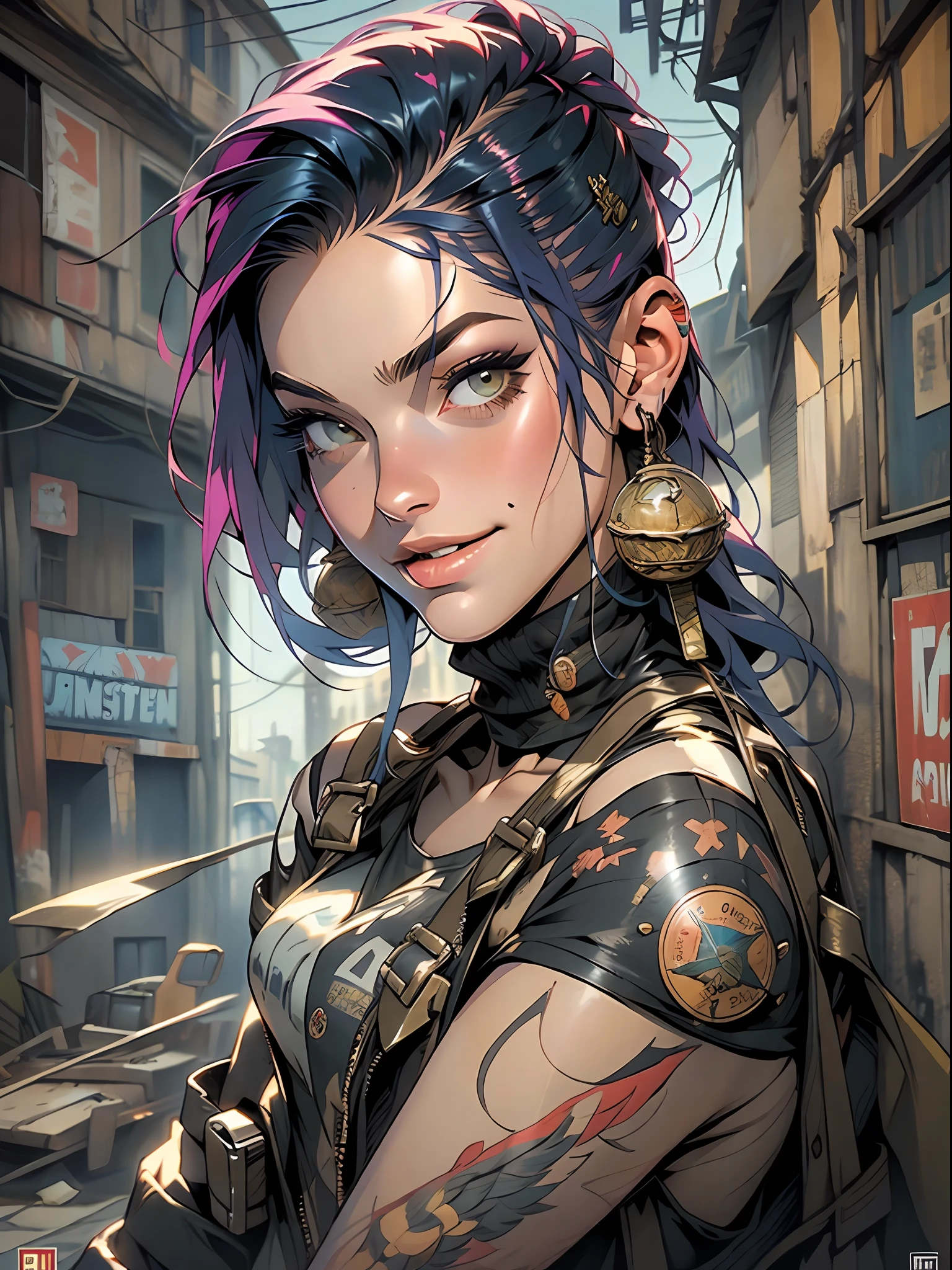 ((( corpo inteiro ))), master part, best quality, super detalhe, 8k, mulher linda, Tank Girl com cara de maluca, sorriso malicioso , cabelo moicano colorido, garota punk, post-apocalyptic world, (( menina do tanque )), Nijistyle, roupas rasgadas e sujas, moicano curto, sides of shaved head, rosto limpo