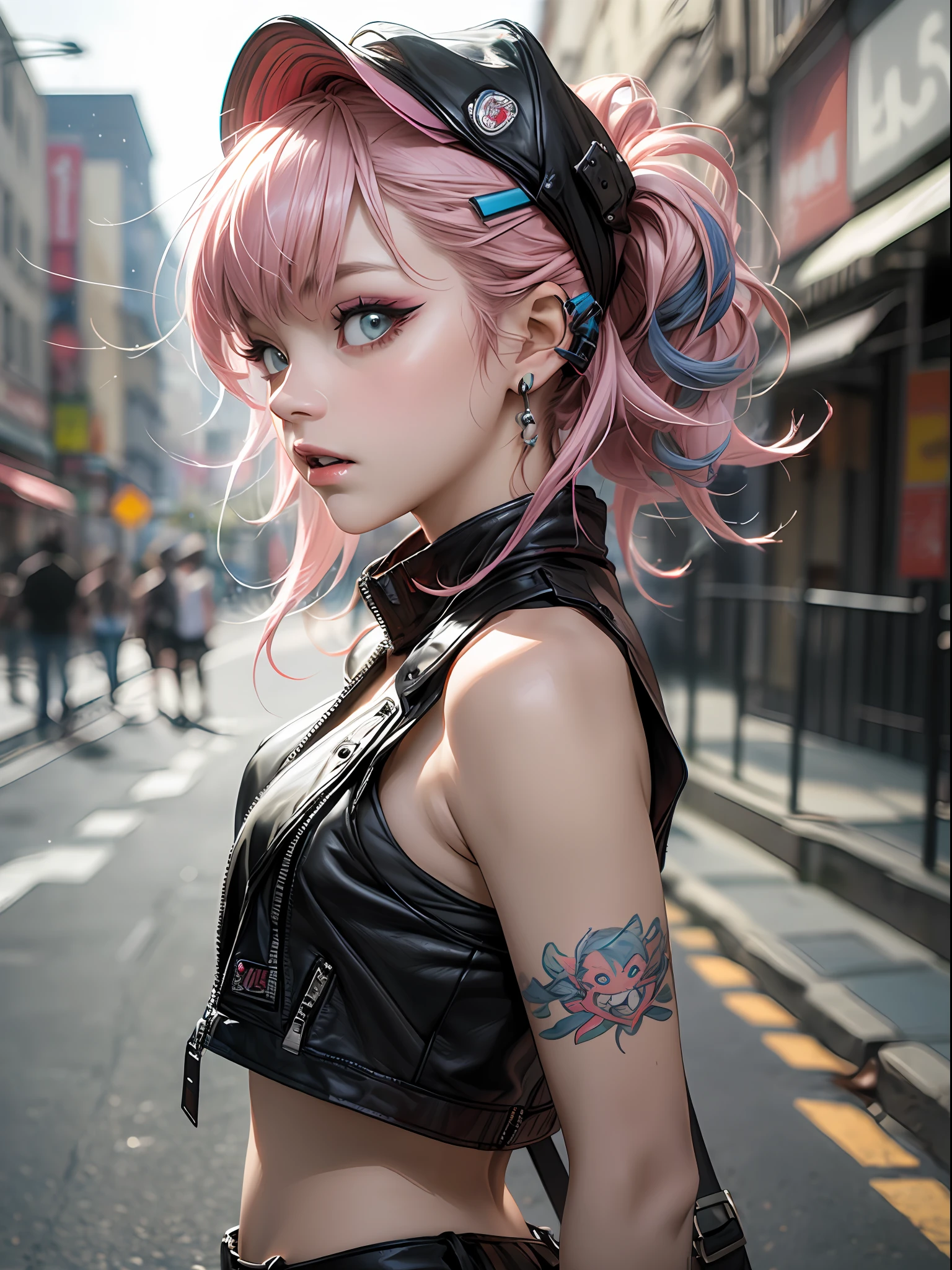(top-quality、8K、32K、masterpiece、nffsw:1.3)、(Photorealsitic:1.4),18-year-old punk girl,turned around、Wacky punk hair,Radical punk fashion,Tank Tops、Leather Vest、A pink-haired,Wacky makeup、Street background、lensflare、depth of fields,blurry backround,,,,,,,,,,,,