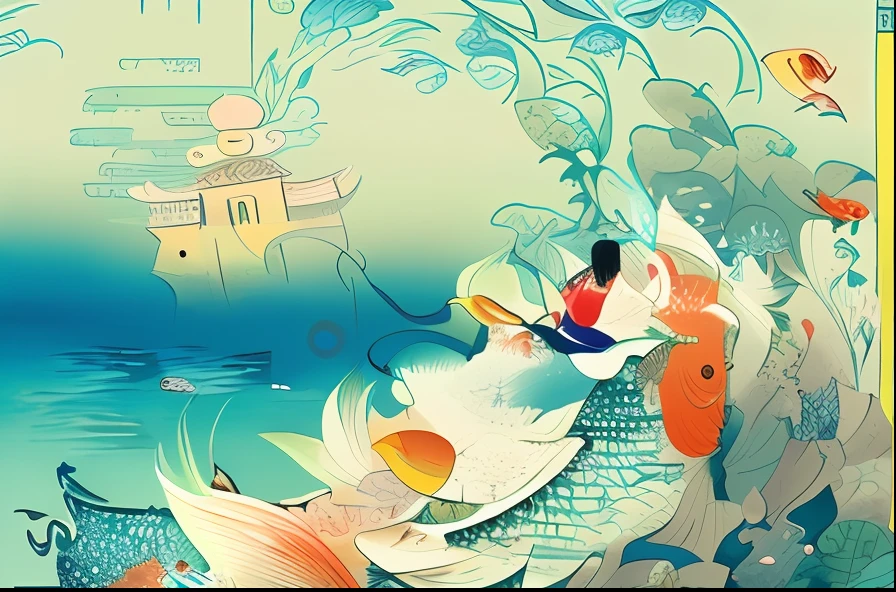 There was a man fishing in a boat in the water, A beautiful artwork illustration, koi fishes, koi fishes, full-colour illustration,Chinese watercolor style, Chinese fantasy, an illustration of inspired by Victo Ngai, Beautiful illustration, Exquisite digital illustration,