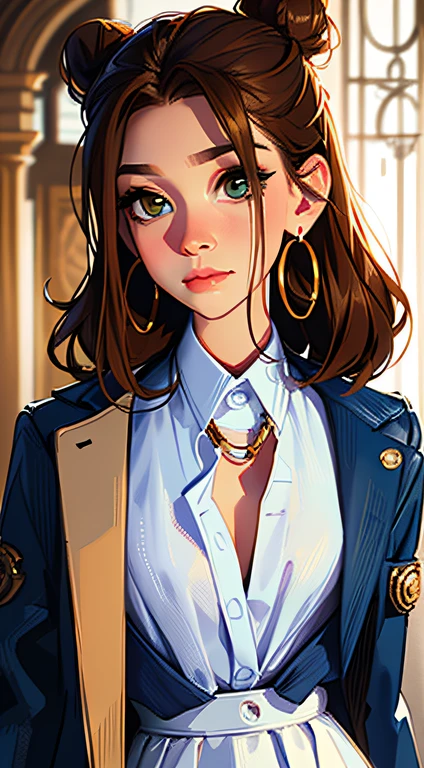 The environment is blurry and elegant, Model, High contrast required, jewels, earings, Upskirt, Shirt, Versace jacket, brown hair, white shirt, A bracelet, hair bun, single hair bun, long skirt, closed mouth, Hoop earrings, blue jacket, sleeves rolled up, Revealing clothes, makeup, white skirt, Detailed hair, beautiful colors