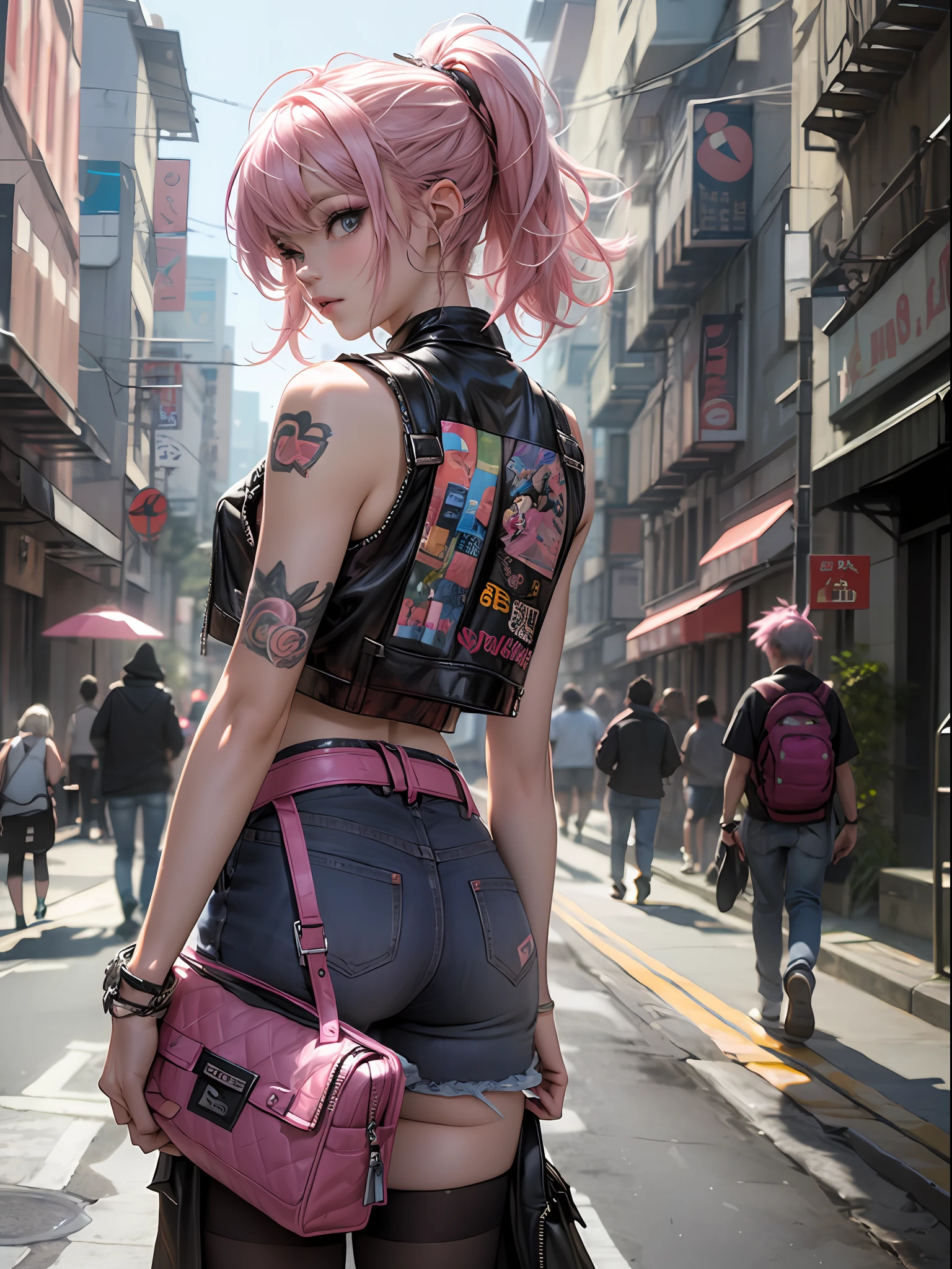 (top-quality、8K、32K、​masterpiece、nffsw:1.3)、(Photorealsitic:1.4),18-year-old punk girl,turned around、Wacky punk hair,Radical punk fashion,Tank Tops、Leather Vest、A pink-haired,Wacky makeup、Street background、lensflare、depth of fields,blurry backround,,,,,,,,,,,,